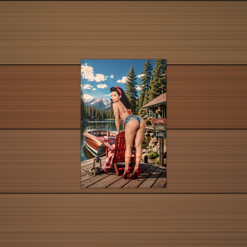 Lake Chair Dock Girl Aluminum Sign — lifestyle setting