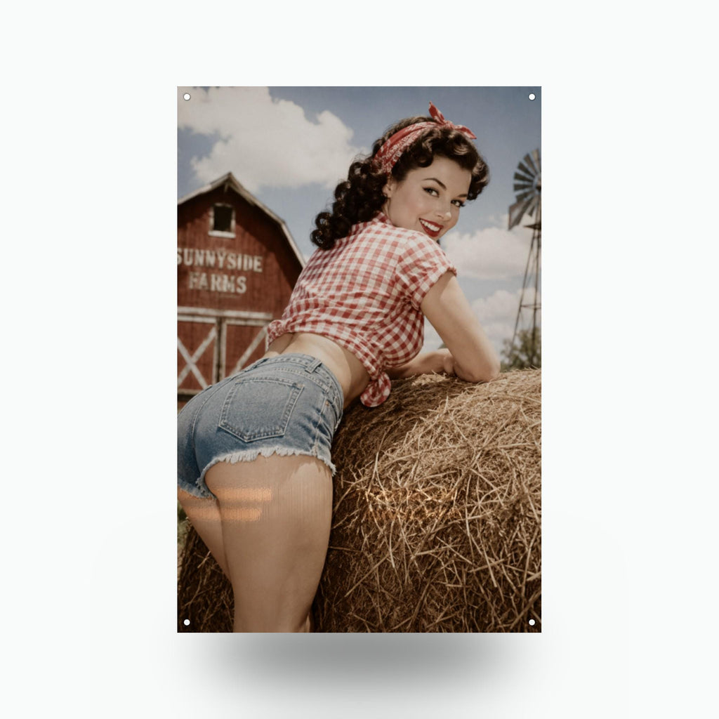 Hay Bale Windmill Girl Aluminum Sign — front view on white background
