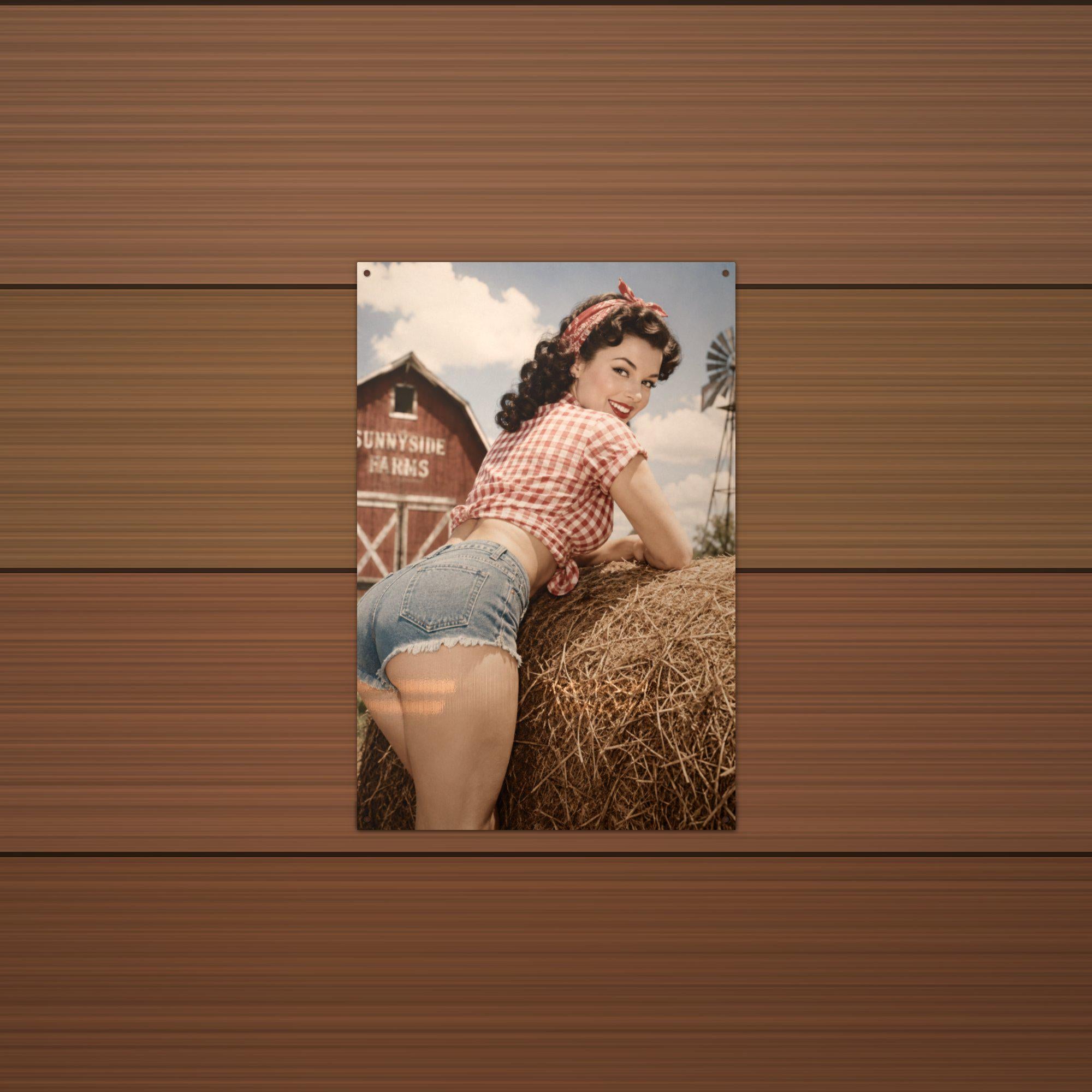 Hay Bale Windmill Girl Aluminum Sign — lifestyle setting