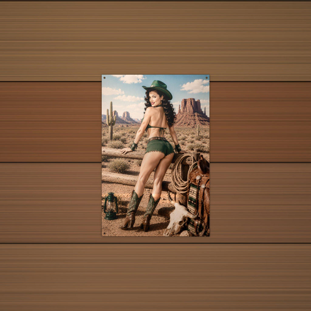 Saddle Desert Cowgirl Aluminum Sign — lifestyle setting