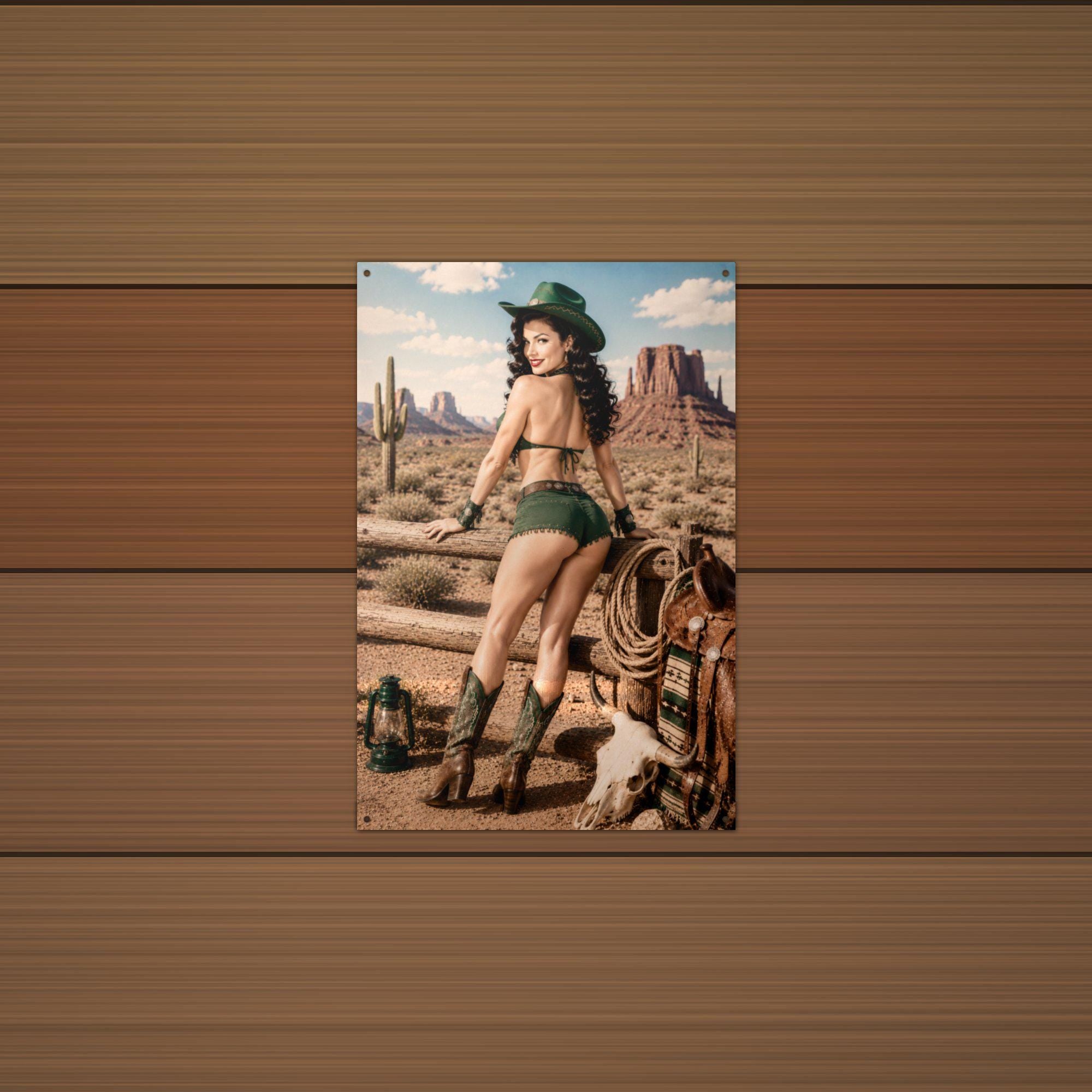 Saddle Desert Cowgirl Aluminum Sign — lifestyle setting