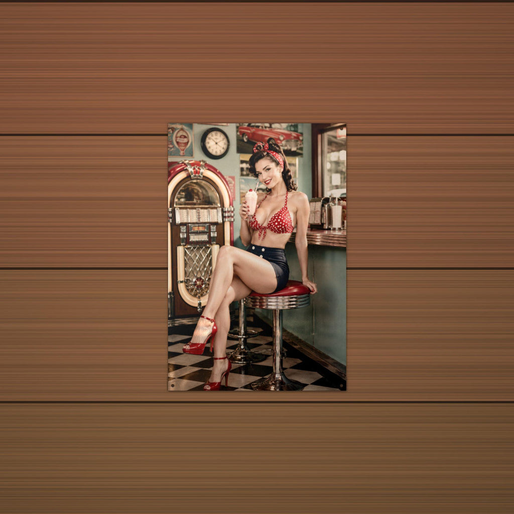 Jukebox Milkshake Girl Aluminum Sign — lifestyle setting