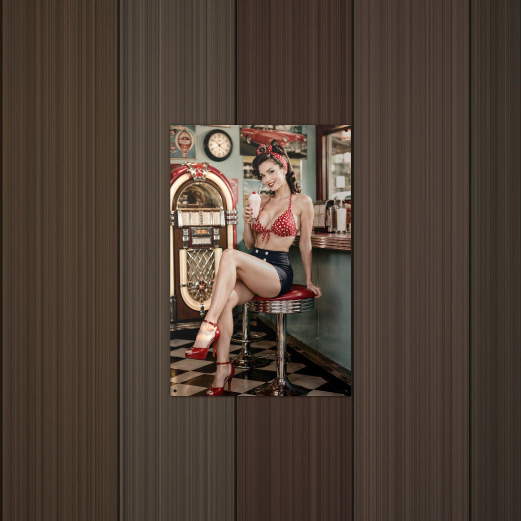 Jukebox Milkshake Girl Aluminum Sign — detail view