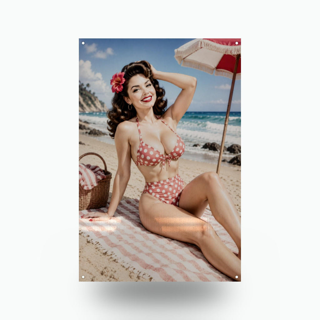Beach Umbrella Girl Aluminum Sign — front view on white background