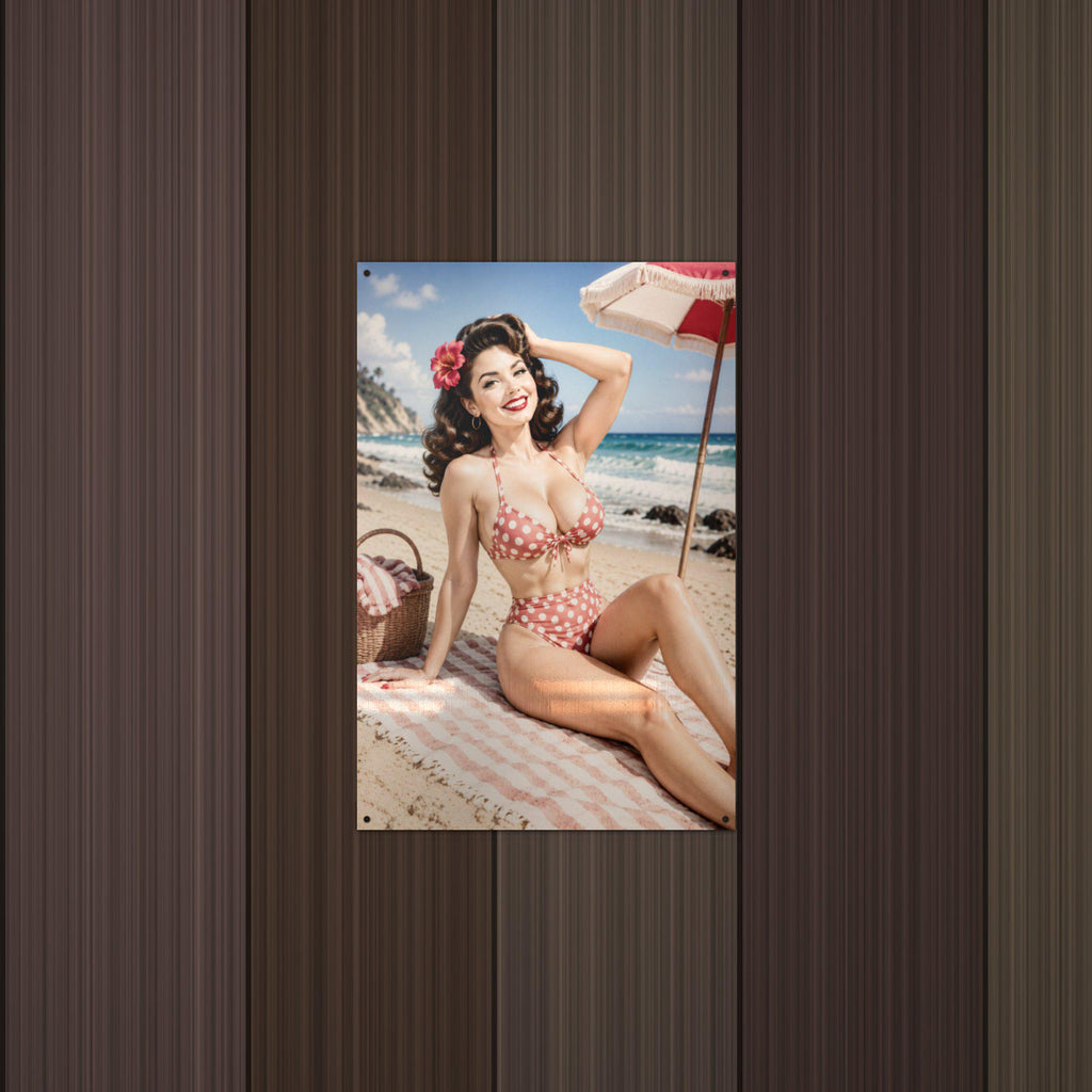 Beach Umbrella Girl Aluminum Sign — lifestyle setting