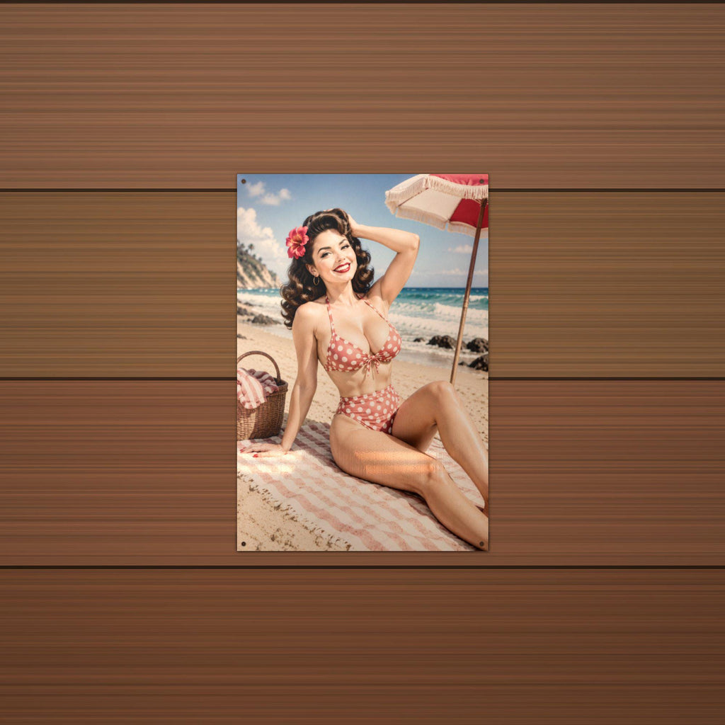 Beach Umbrella Girl Aluminum Sign — detail view