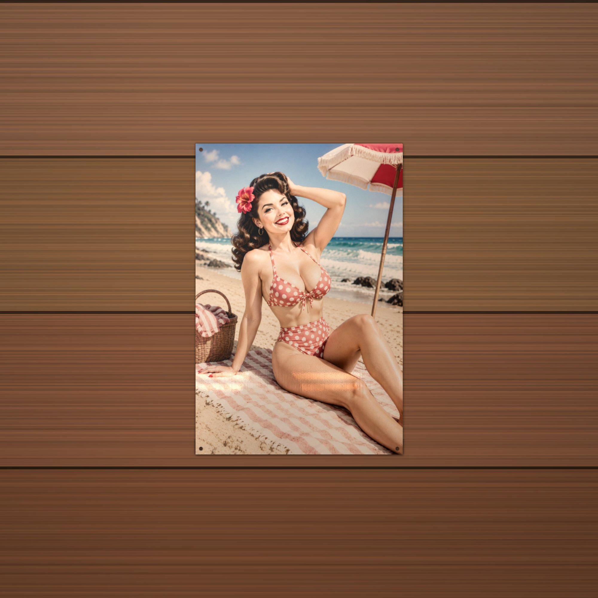 Beach Umbrella Girl Aluminum Sign — detail view