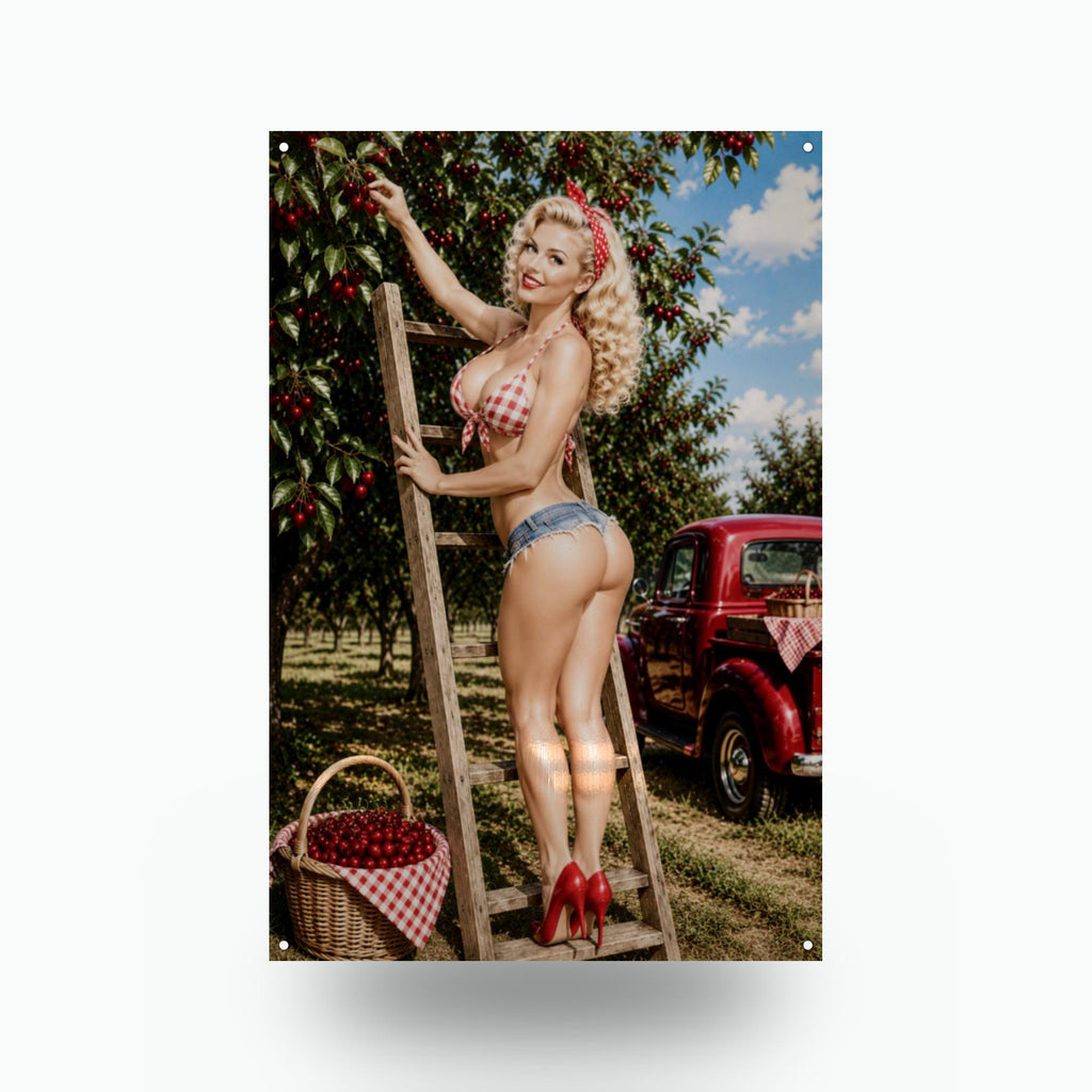 Cherry Picking Blonde Aluminum Sign — front view on white background
