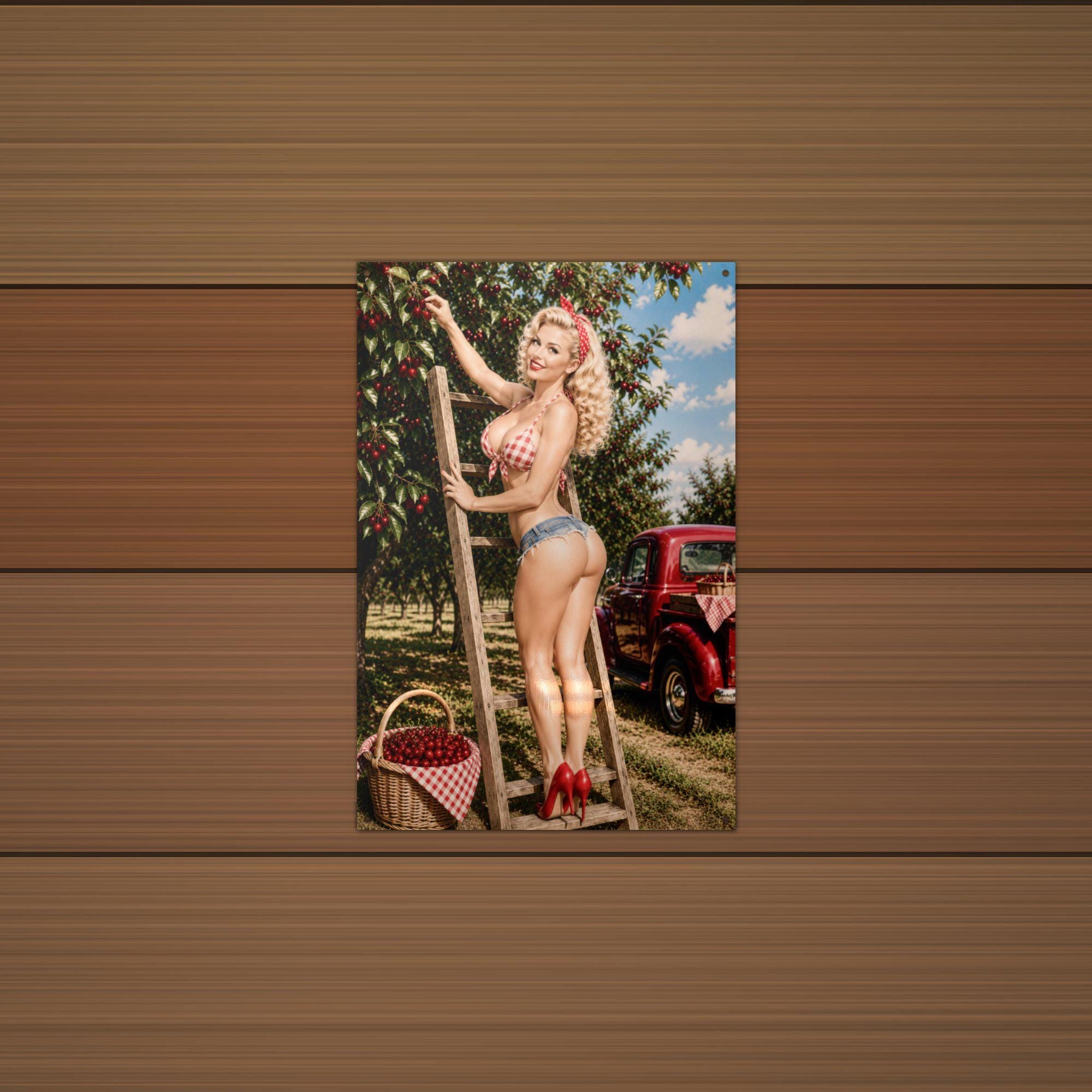 Cherry Picking Blonde Aluminum Sign — lifestyle setting