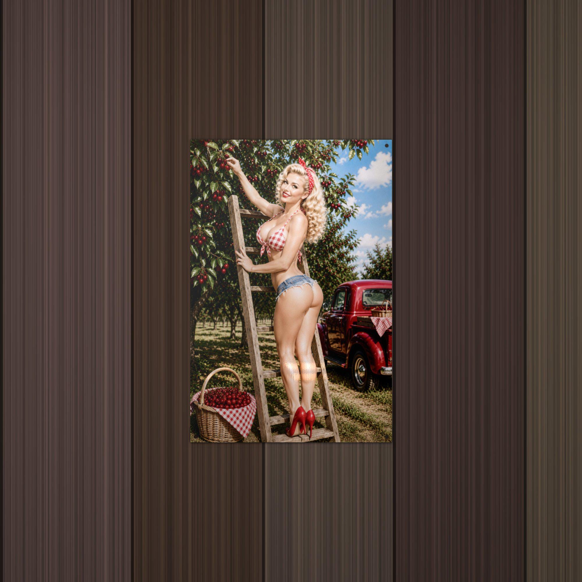 Cherry Picking Blonde Aluminum Sign — detail view