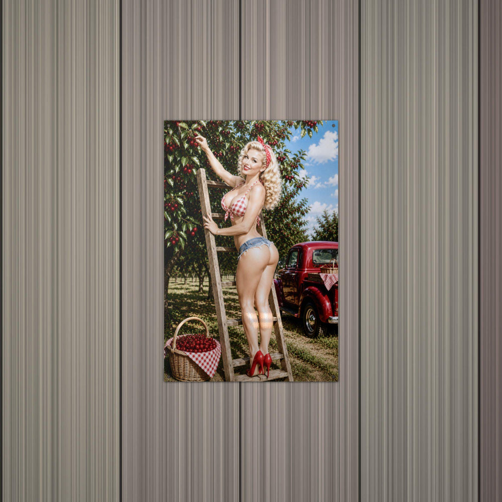Cherry Picking Blonde Aluminum Sign — alternate angle
