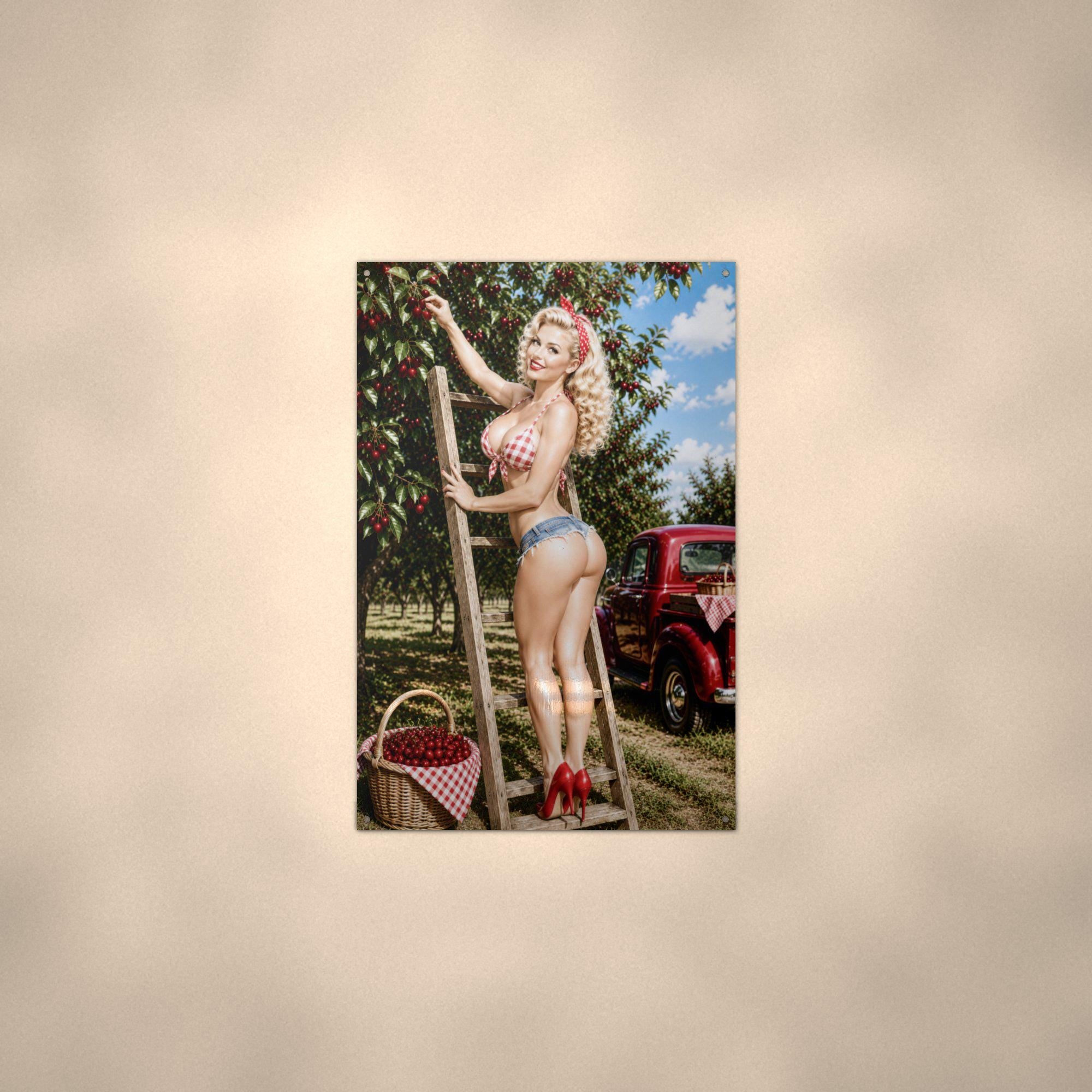 Cherry Picking Blonde Aluminum Sign — alternate angle