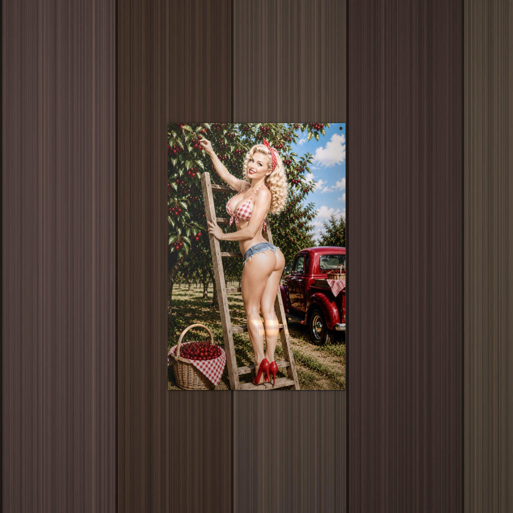 Cherry Picking Blonde Sexy Retro Pinup Girl aluminum sign.