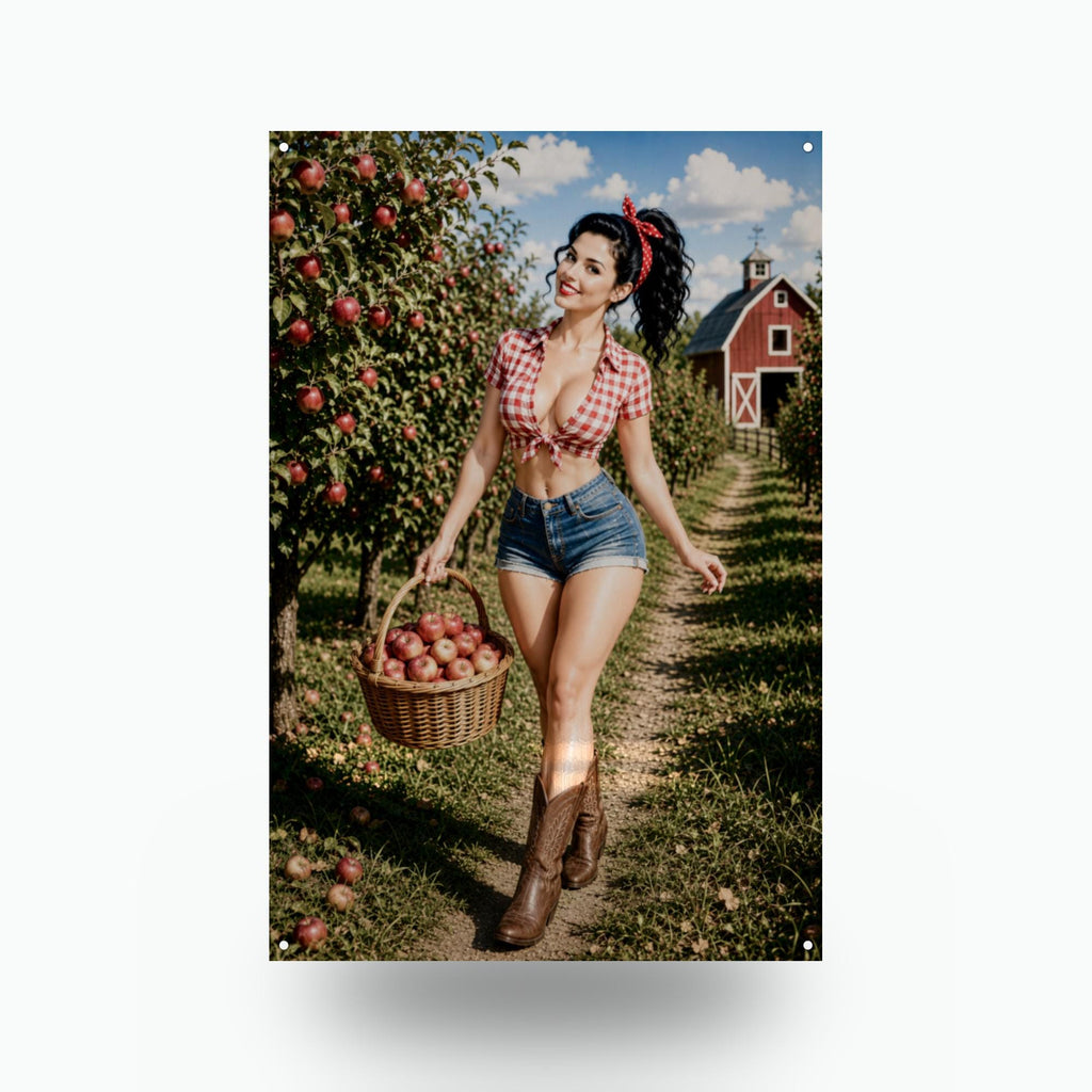 Apple Basket Girl Aluminum Sign — front view on white background