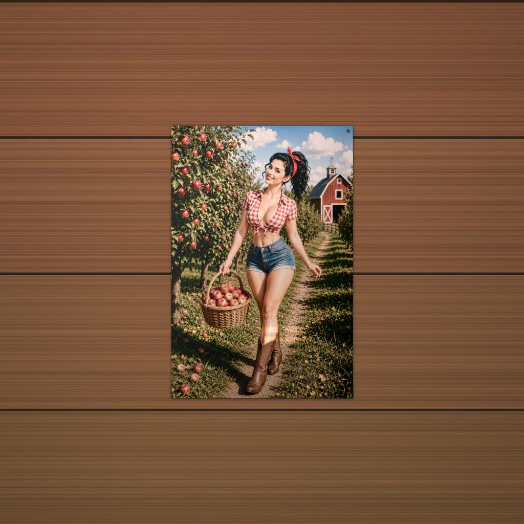 Apple Basket Girl Aluminum Sign — lifestyle setting