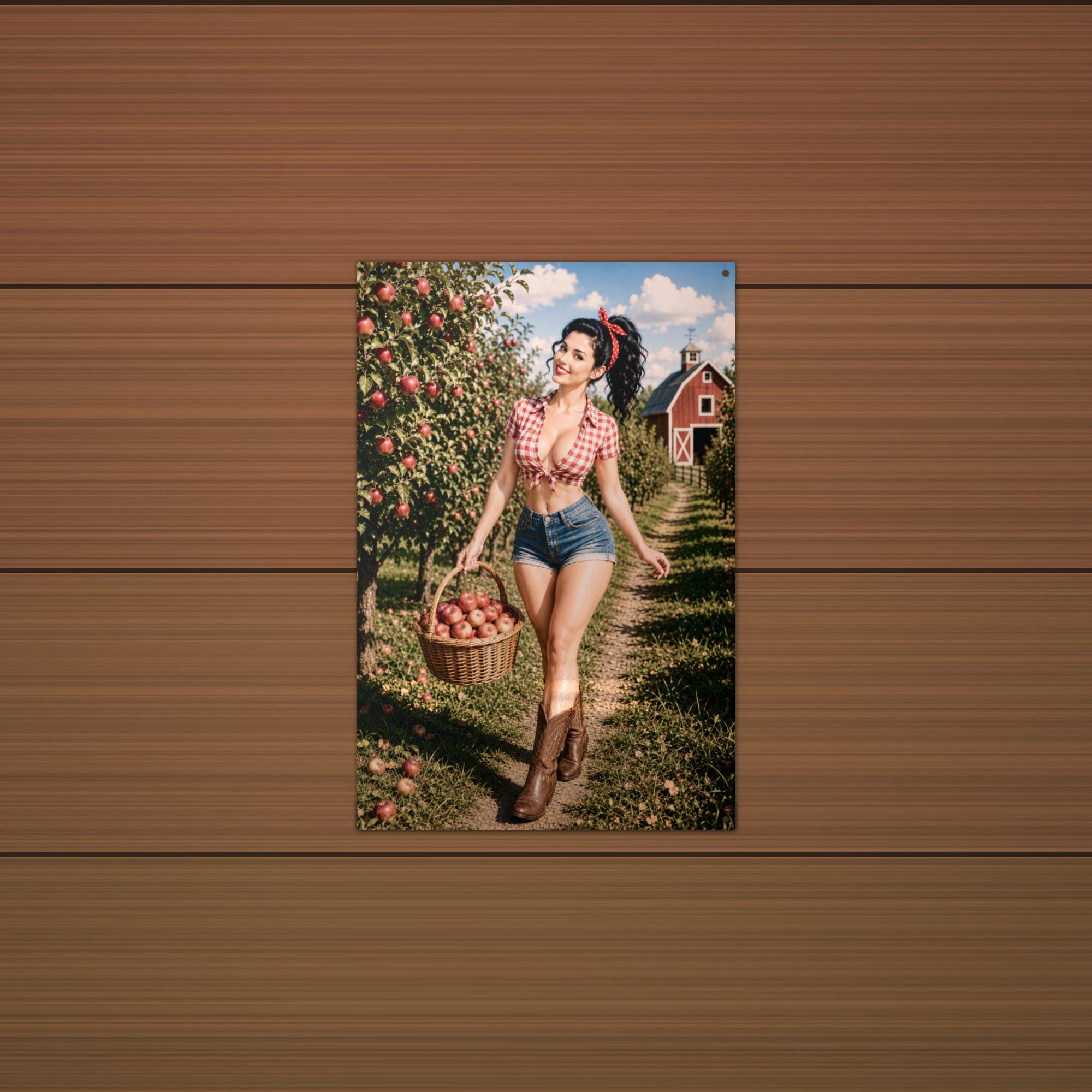 Apple Basket Girl Aluminum Sign — lifestyle setting