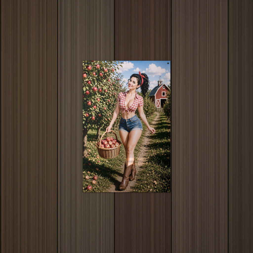 Apple Basket Girl Aluminum Sign — detail view