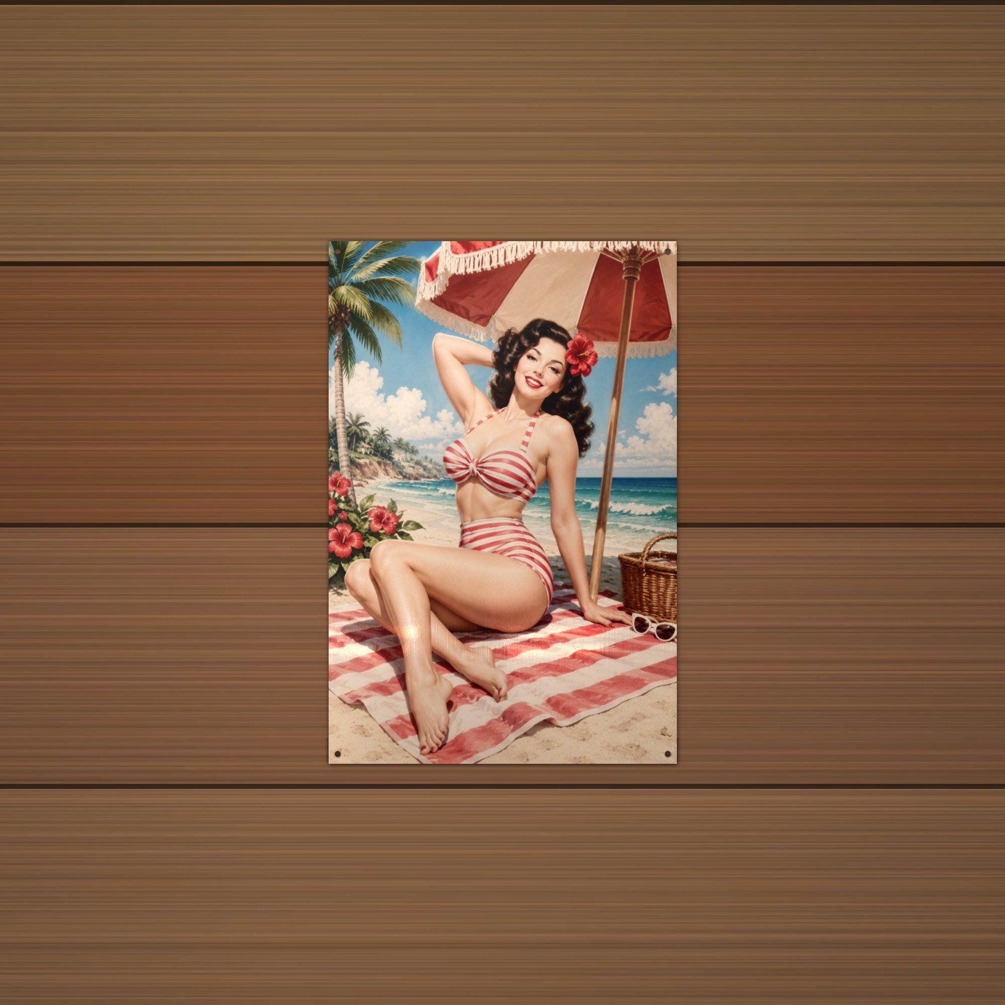 Striped Bikini Beach Metal Wall Art Aluminum Sign — lifestyle setting