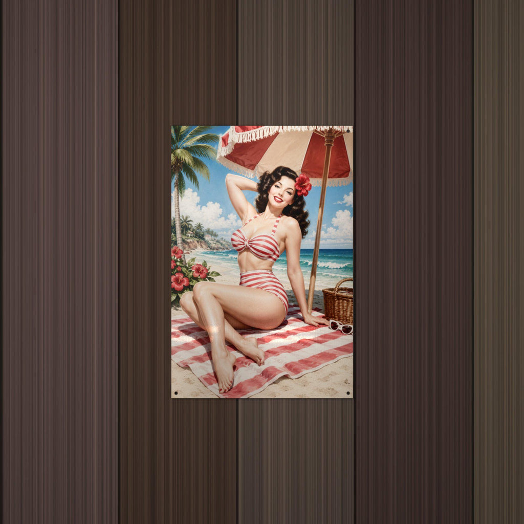 Striped Bikini Beach Metal Wall Art Aluminum Sign — detail view