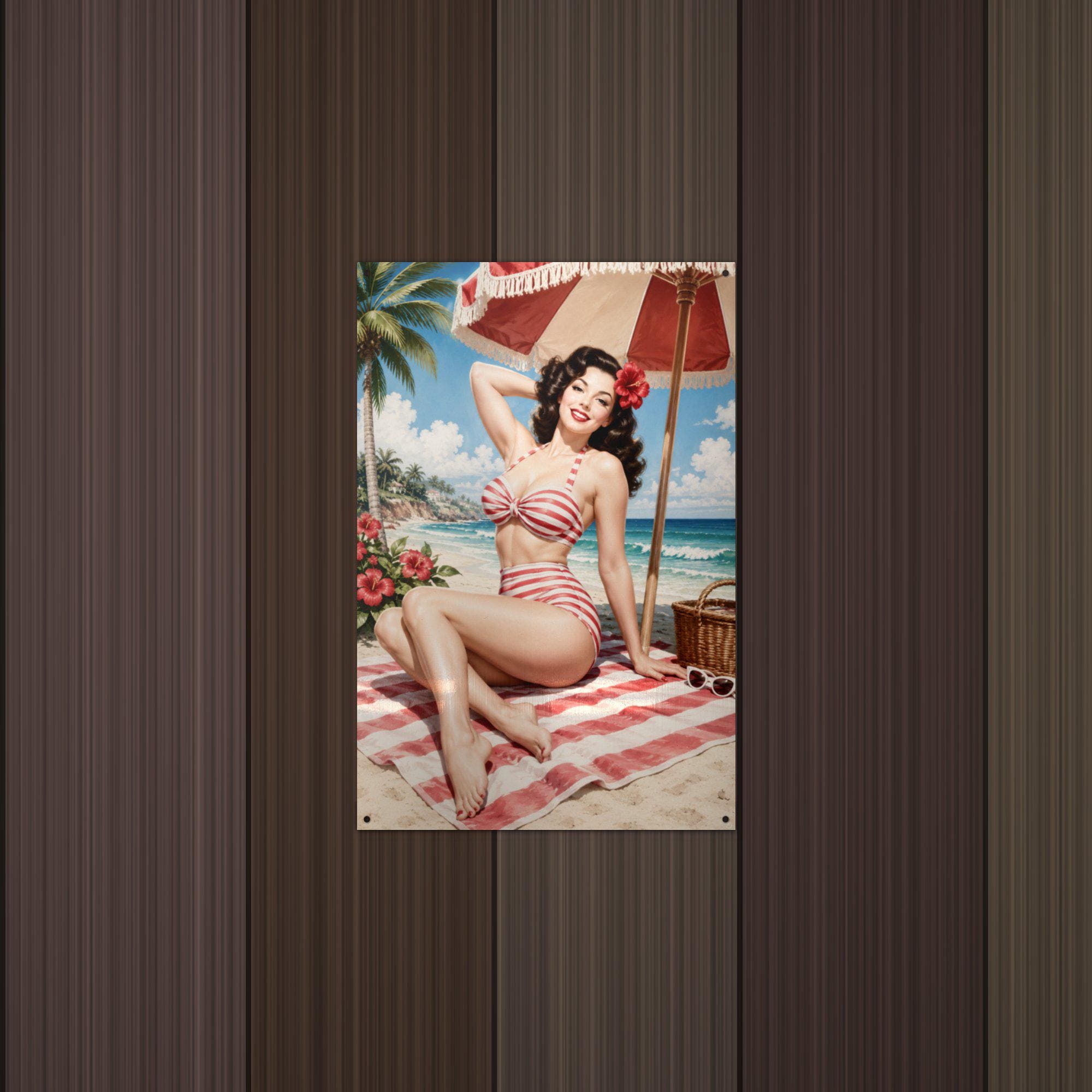 Striped Bikini Beach Metal Wall Art Aluminum Sign — detail view