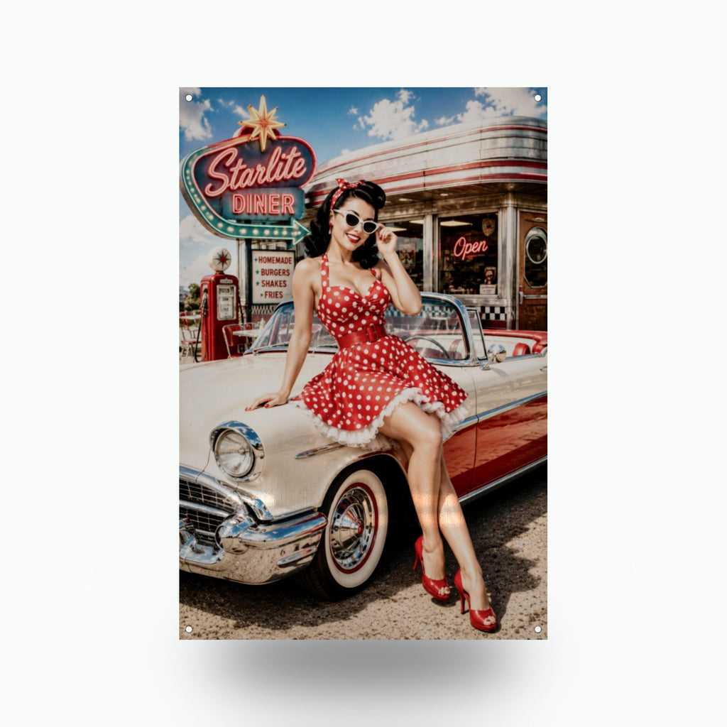 Polka Dot Diner Girl Aluminum Sign — front view on white background
