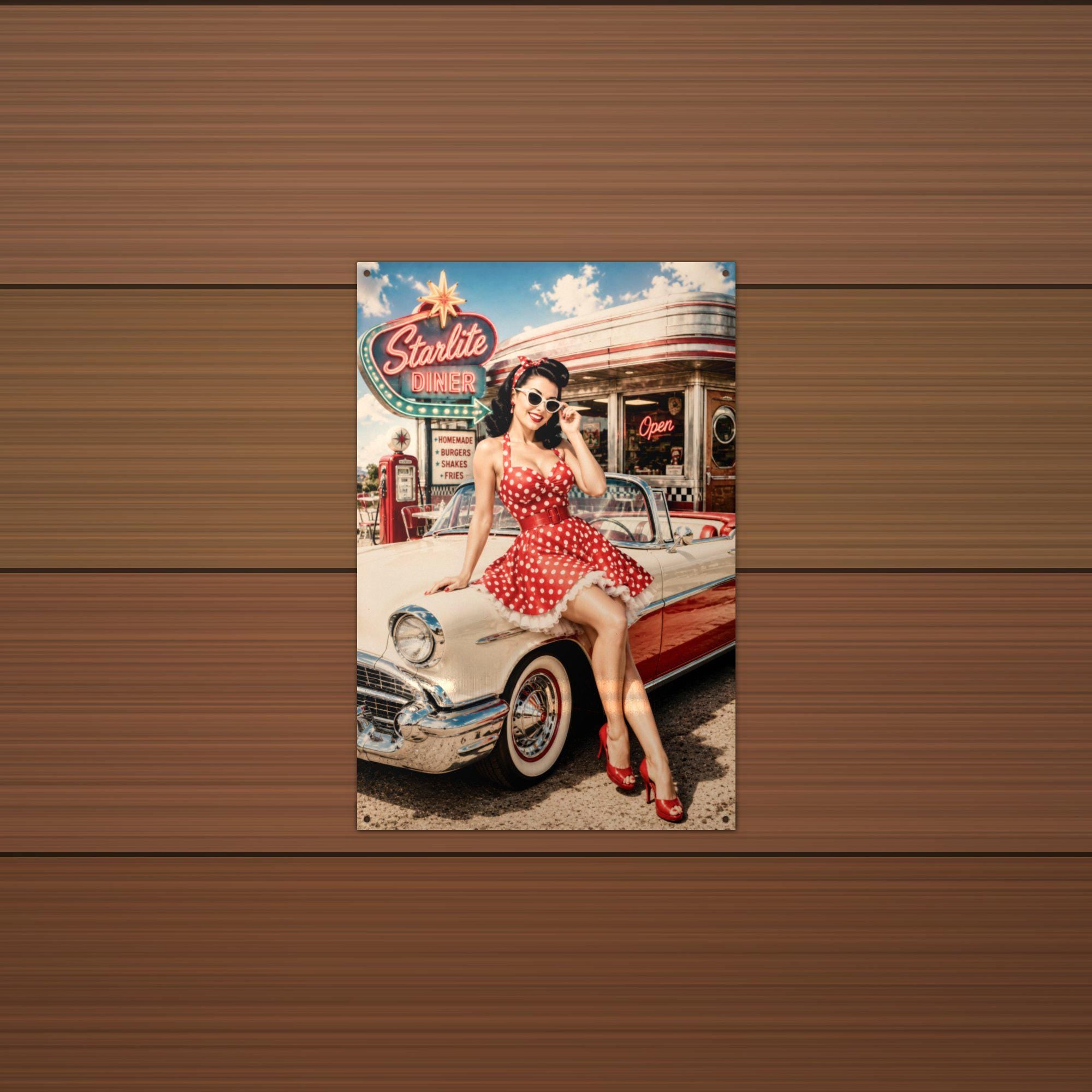 Polka Dot Diner Girl Aluminum Sign — lifestyle setting