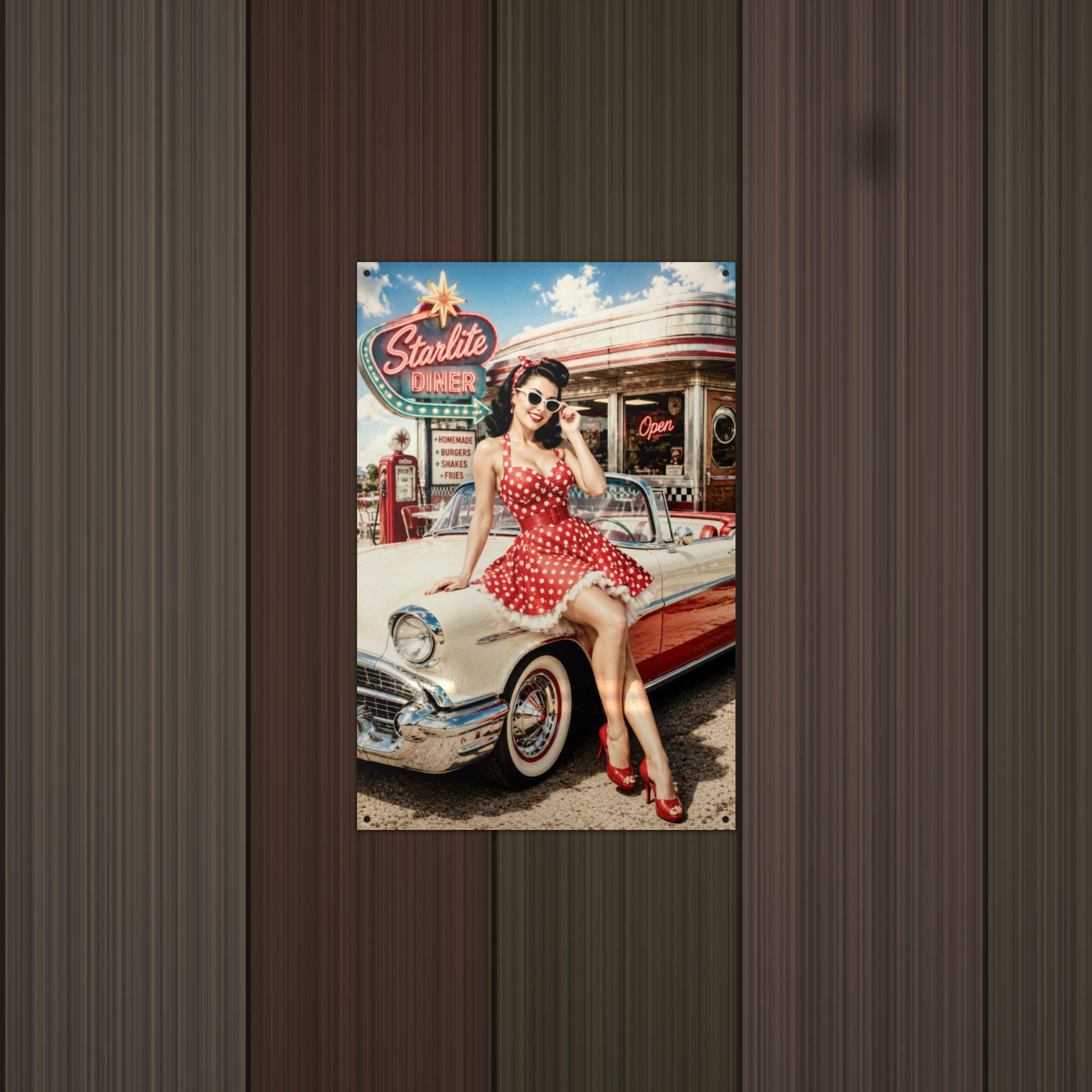 Polka Dot Diner Girl Aluminum Sign — detail view