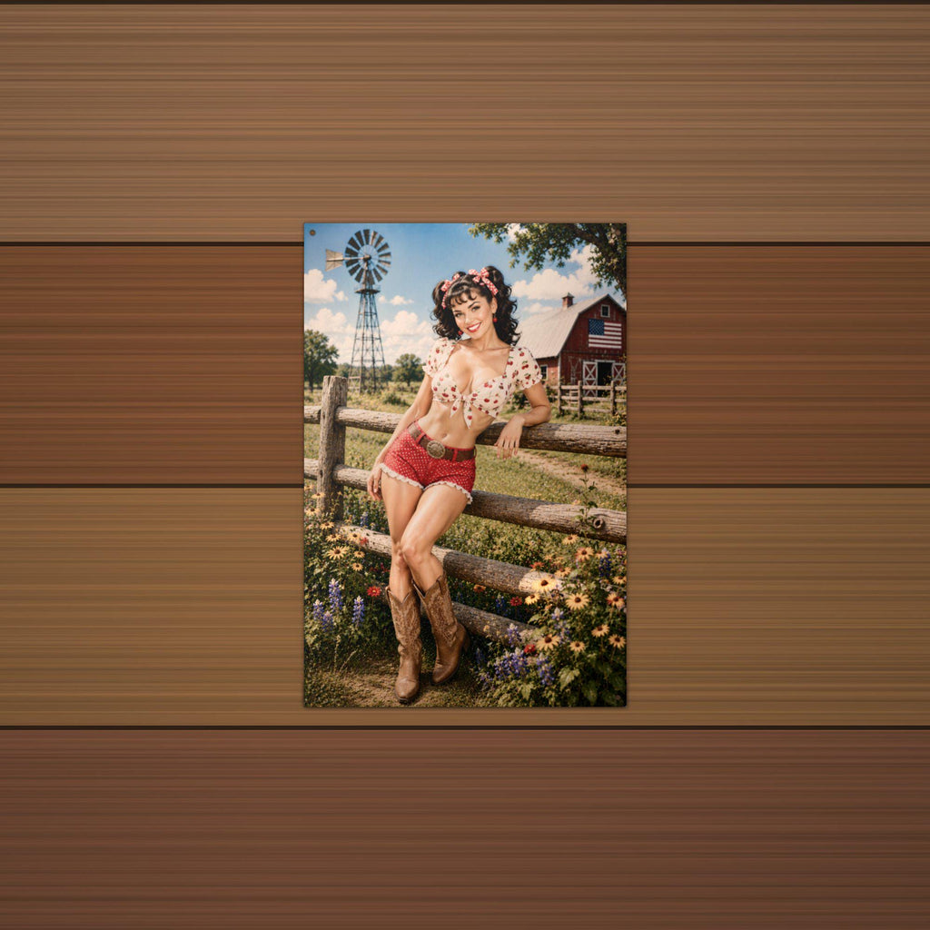 Cherry Print Fence Girl Aluminum Sign — lifestyle setting