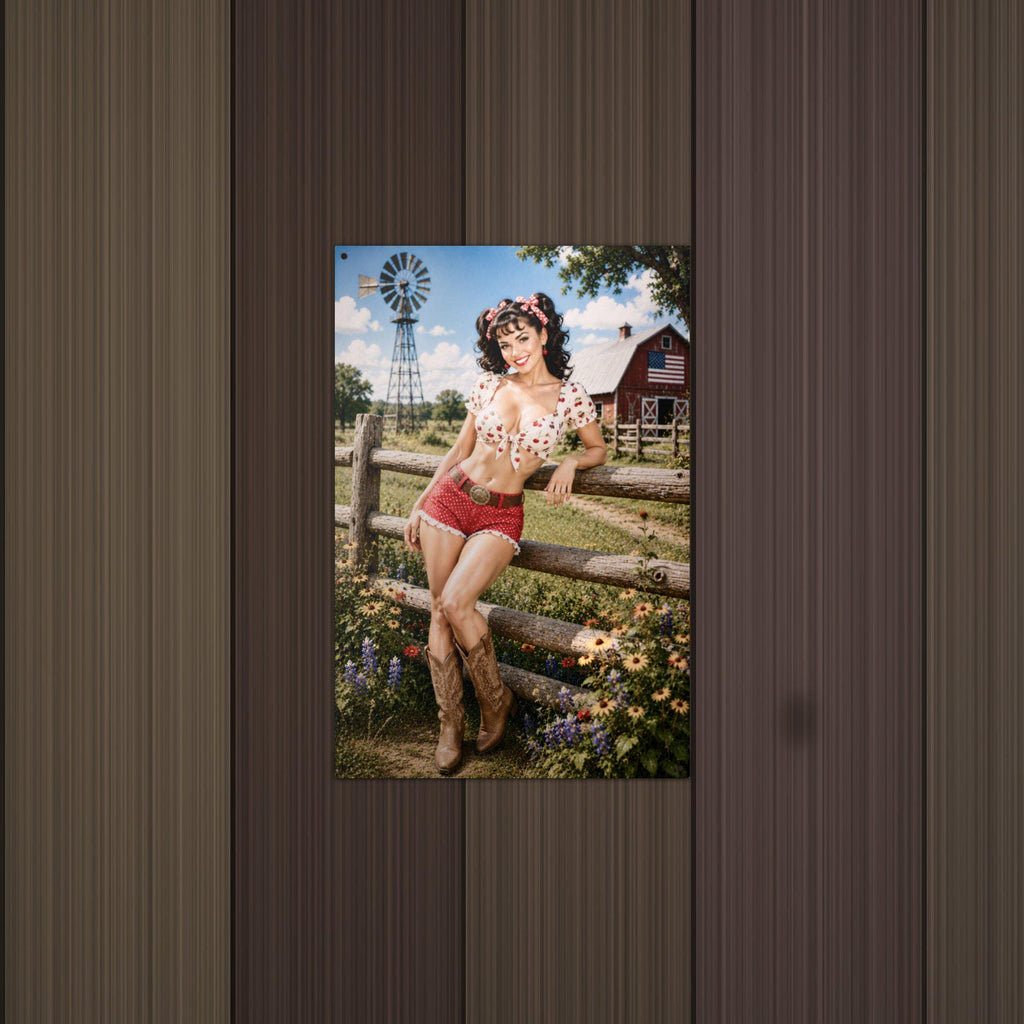 Cherry Print Fence Girl Aluminum Sign — detail view