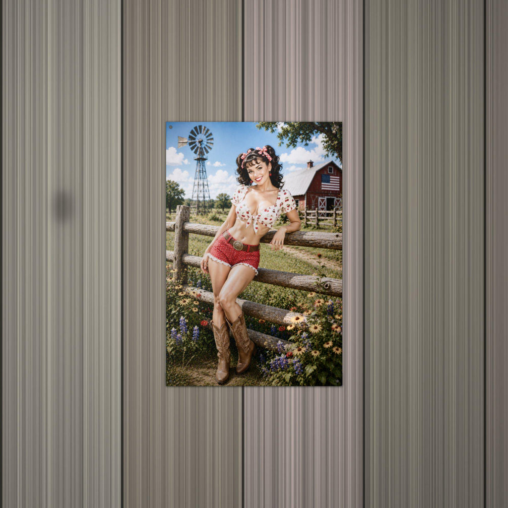 Cherry Print Fence Girl Aluminum Sign — alternate angle