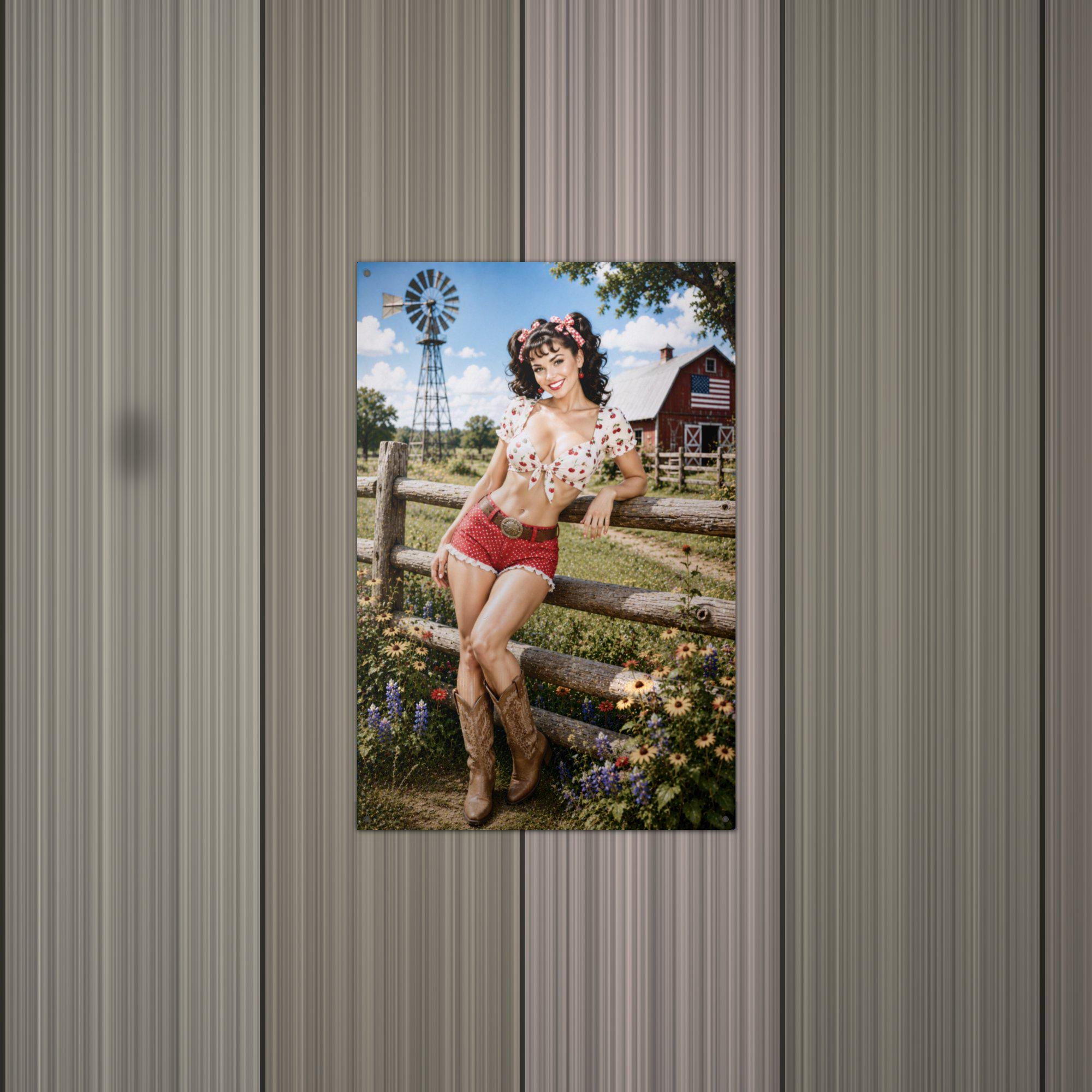 Cherry Print Fence Girl Aluminum Sign — alternate angle