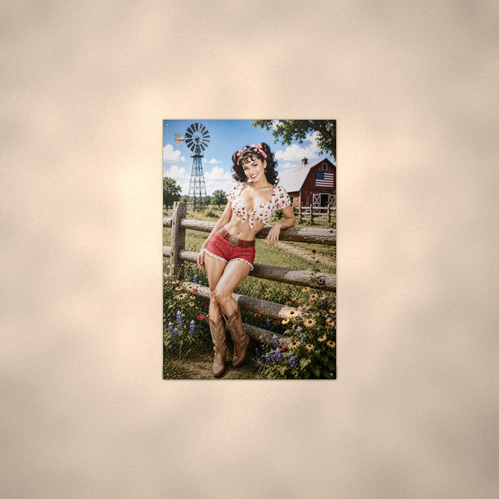 Cherry Print Fence Girl Aluminum Sign — alternate angle
