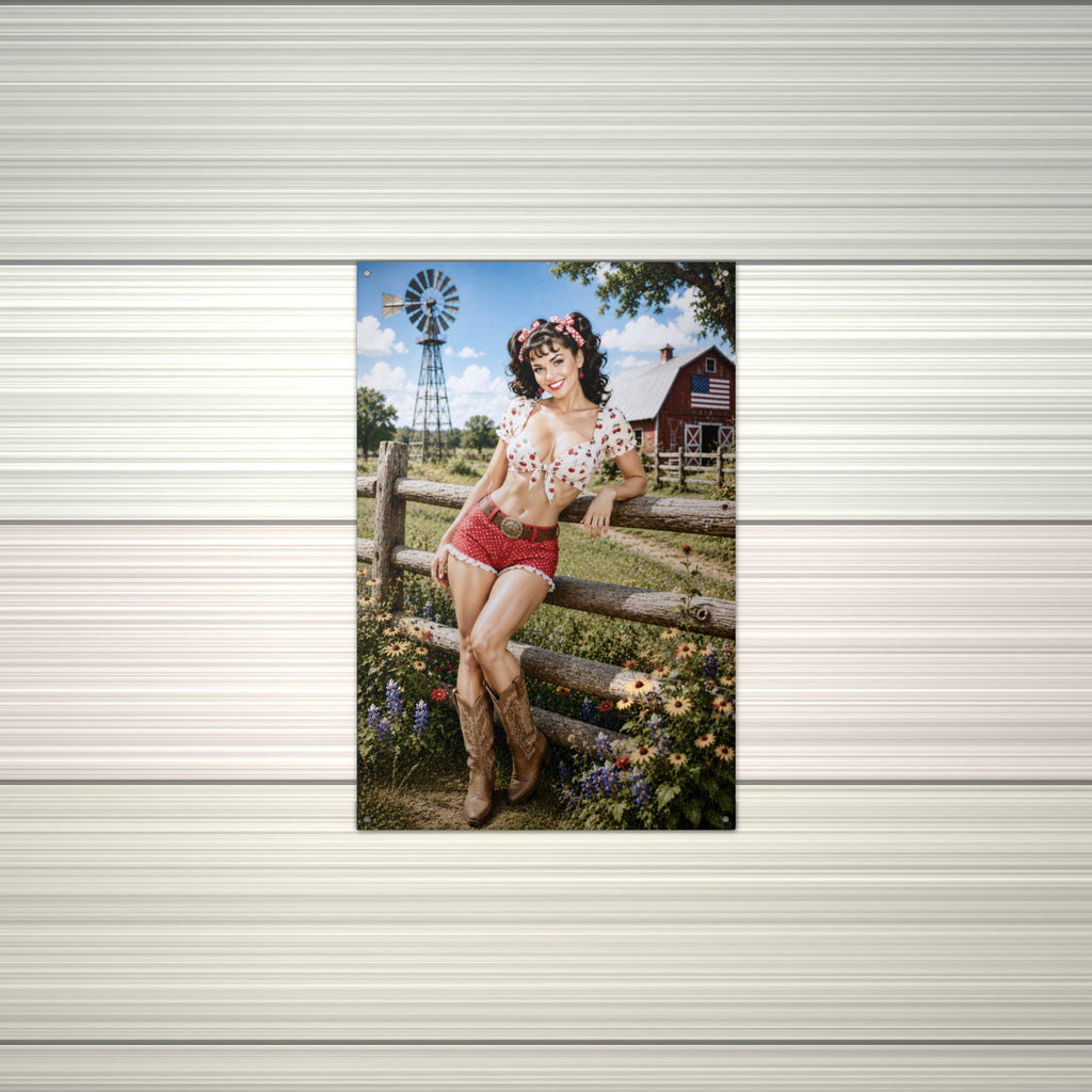 Cherry Print Fence Girl Aluminum Sign — alternate angle