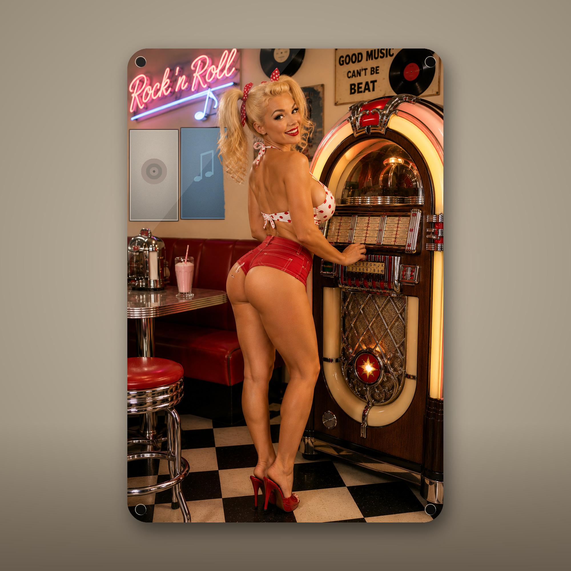 Rock N Roll Jukebox Blonde Aluminum Sign Aluminum Sign — front view on white background