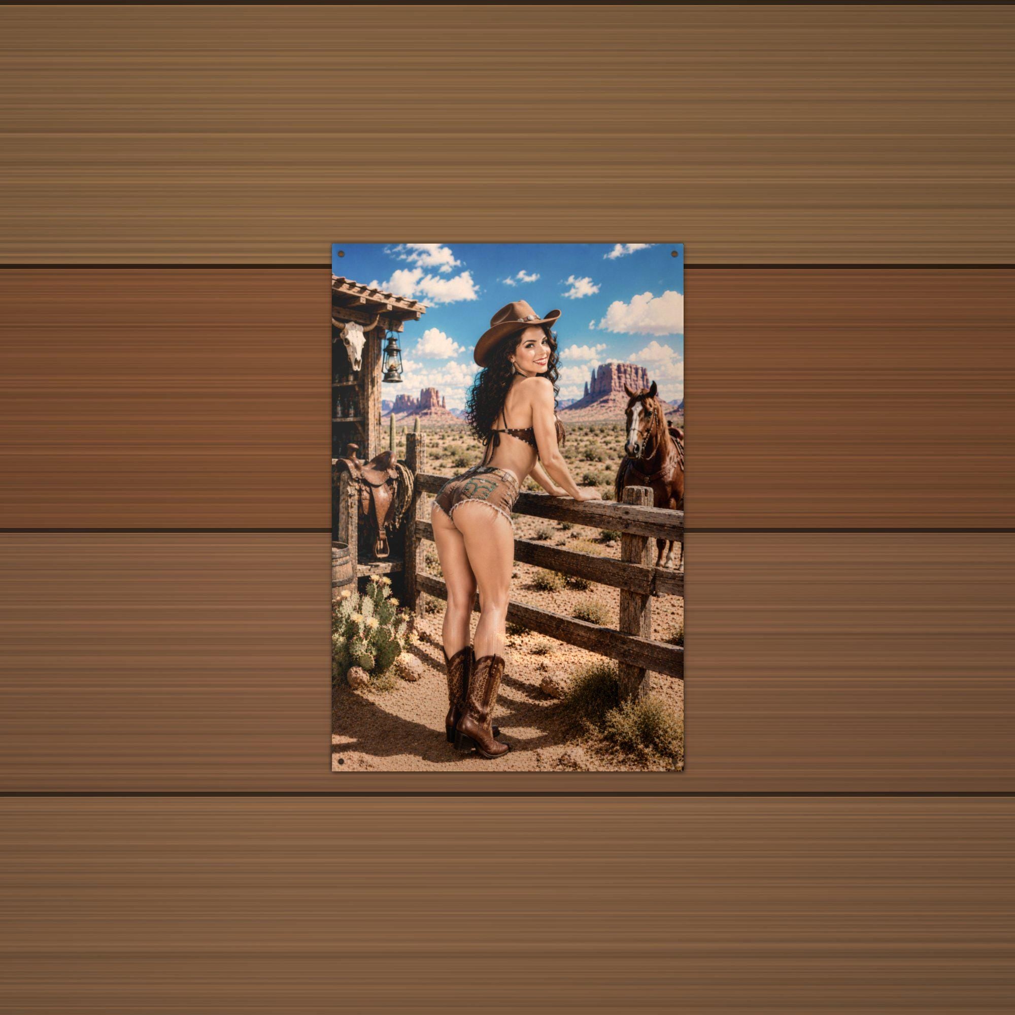 Fence Horse Cowgirl Aluminum Sign — lifestyle setting