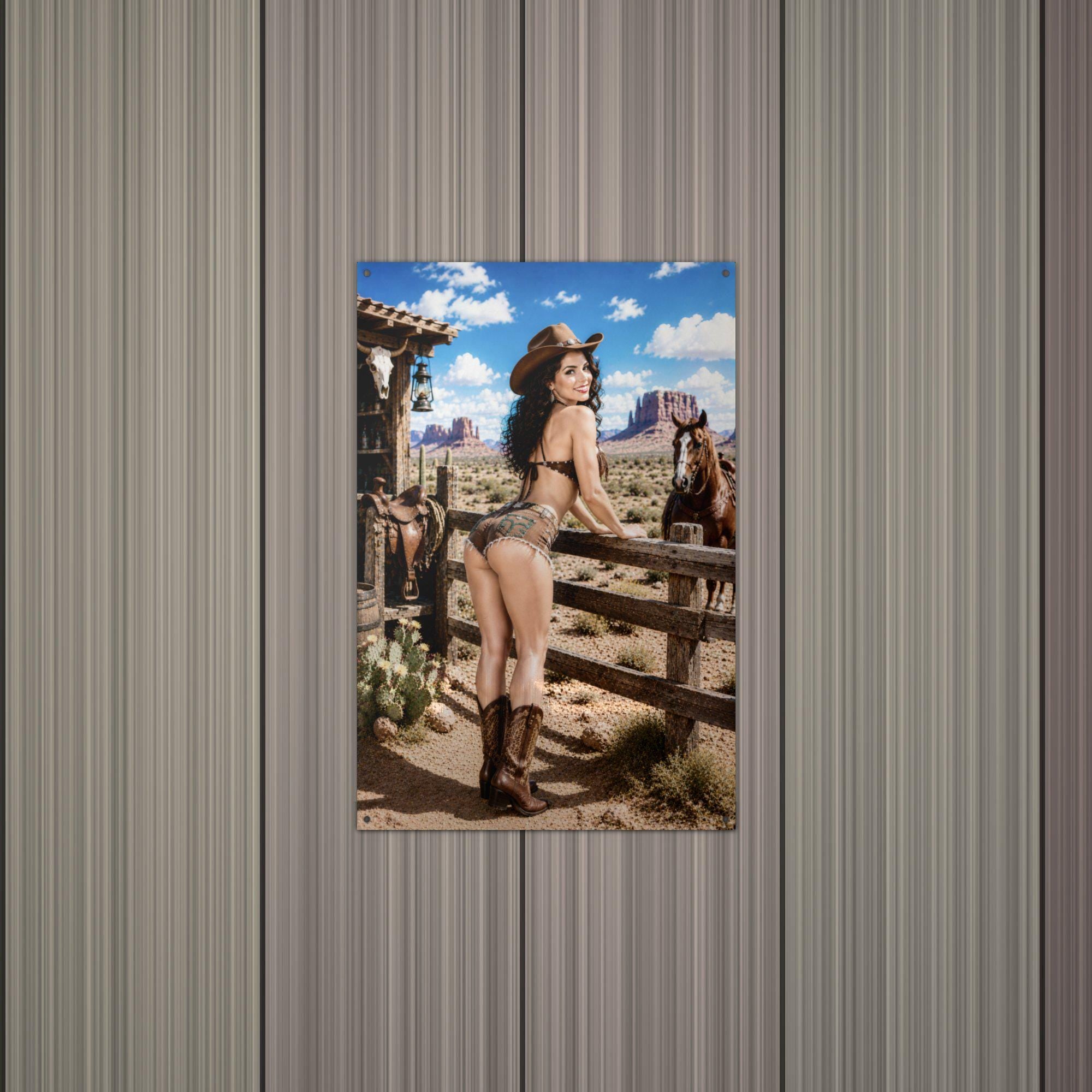 Fence Horse Cowgirl Aluminum Sign — alternate angle