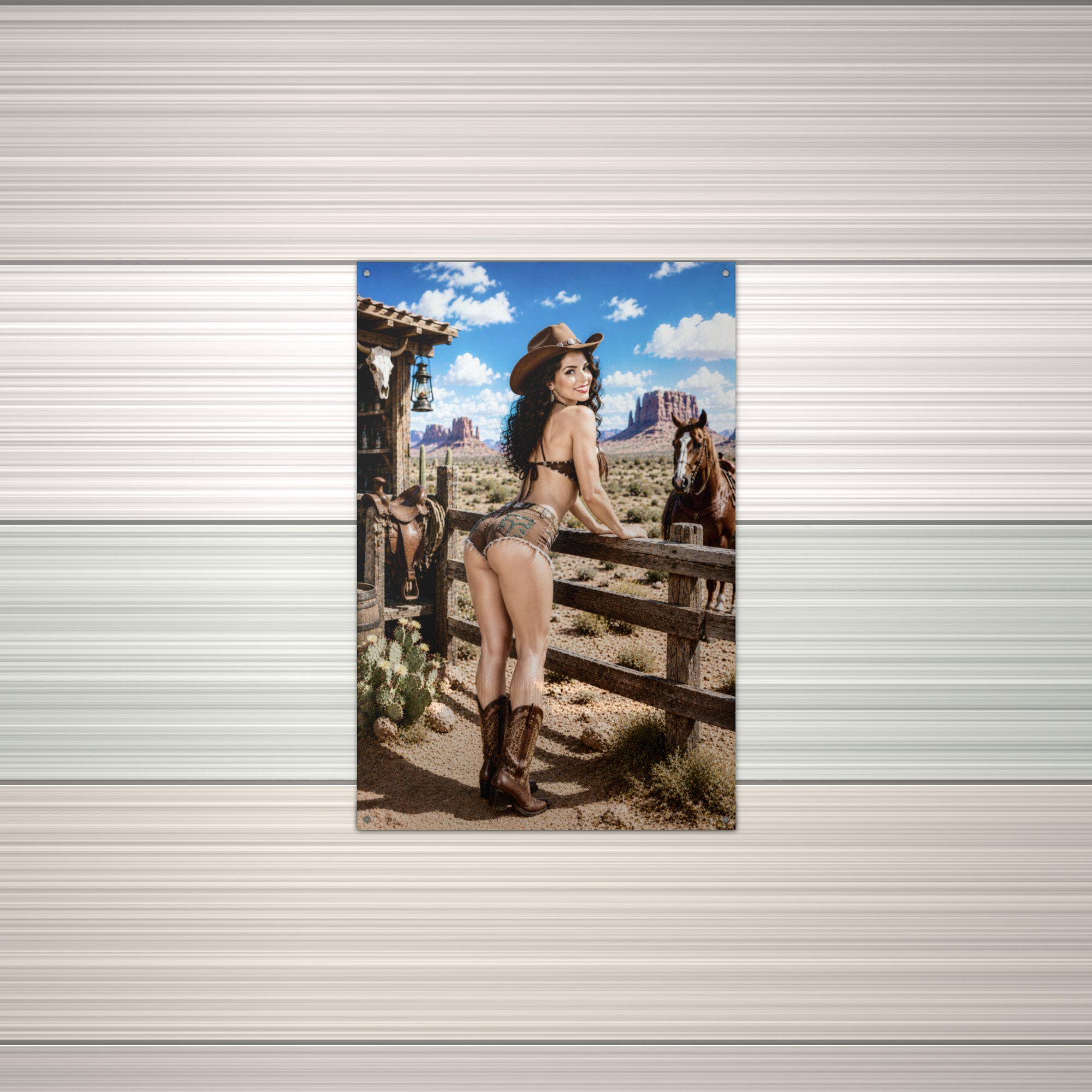 Fence Horse Cowgirl Aluminum Sign — alternate angle