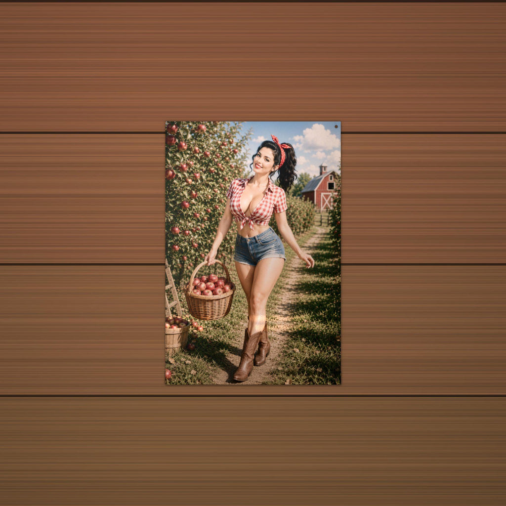 Apple Picking Girl Aluminum Sign — lifestyle setting