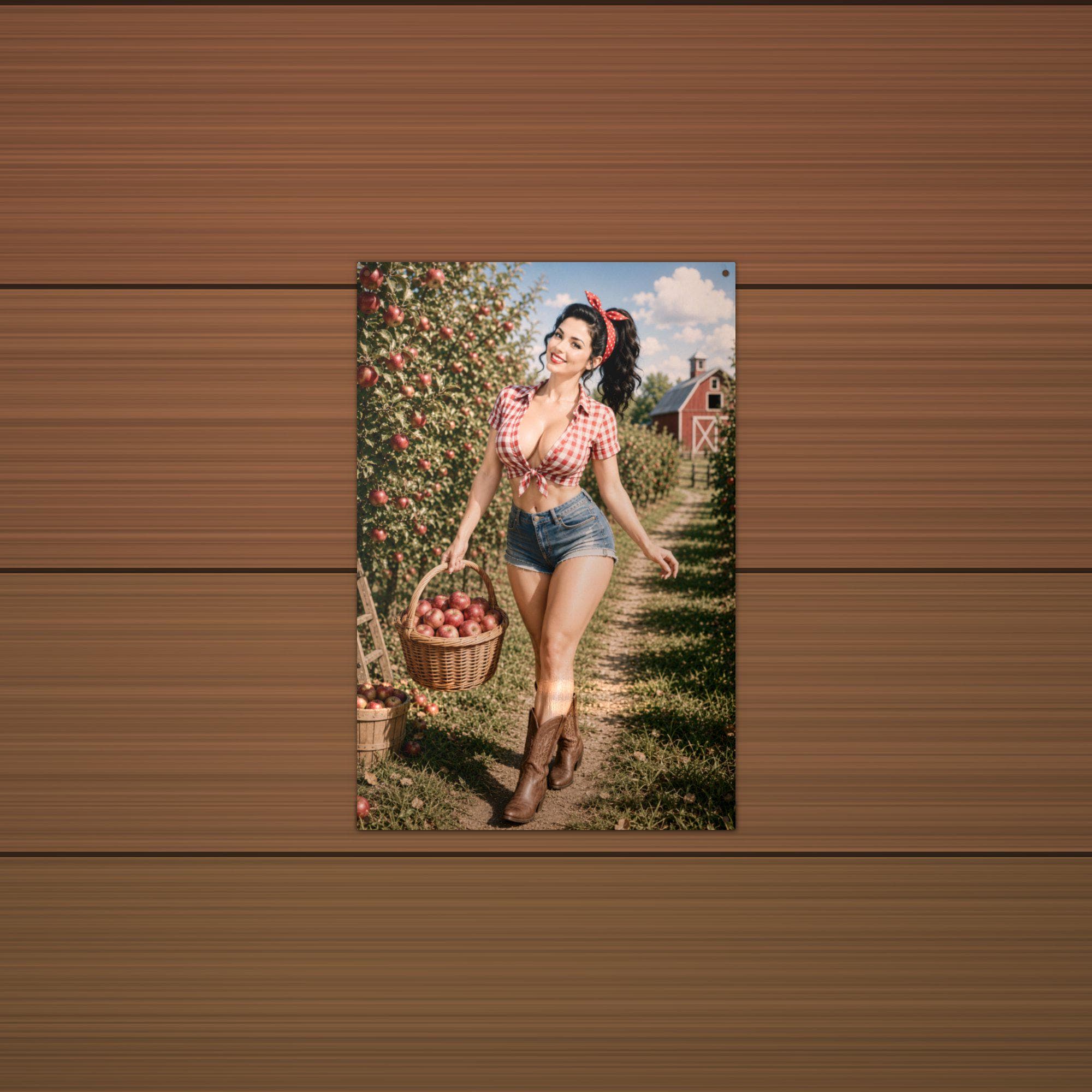 Apple Picking Girl Aluminum Sign — lifestyle setting