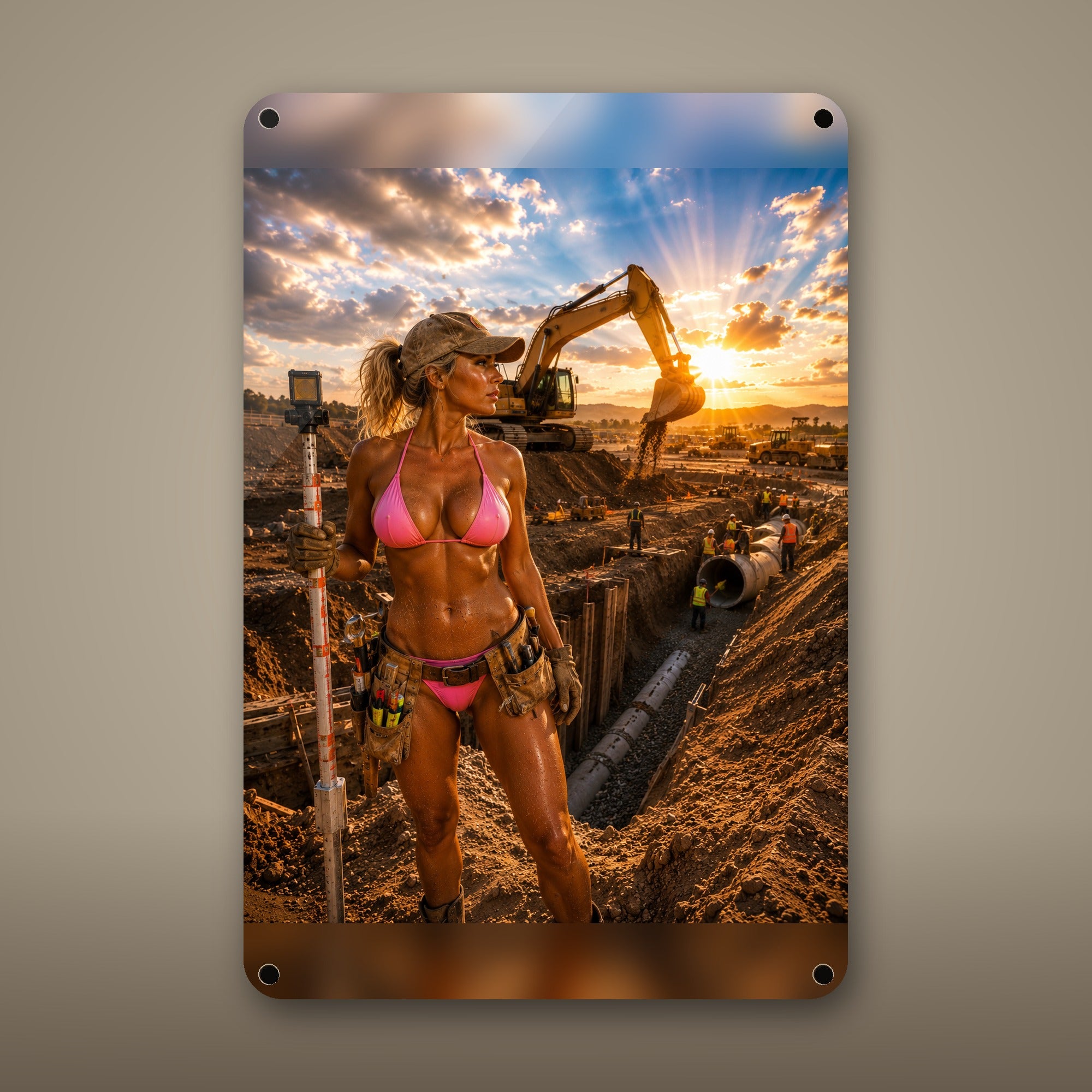 Surveyor at a pipeline trench site Metal Wall Art, Aluminum Sign, Retro Pinup Wall Decor, Vintage Pin-Up Gift — aluminum sign mockup