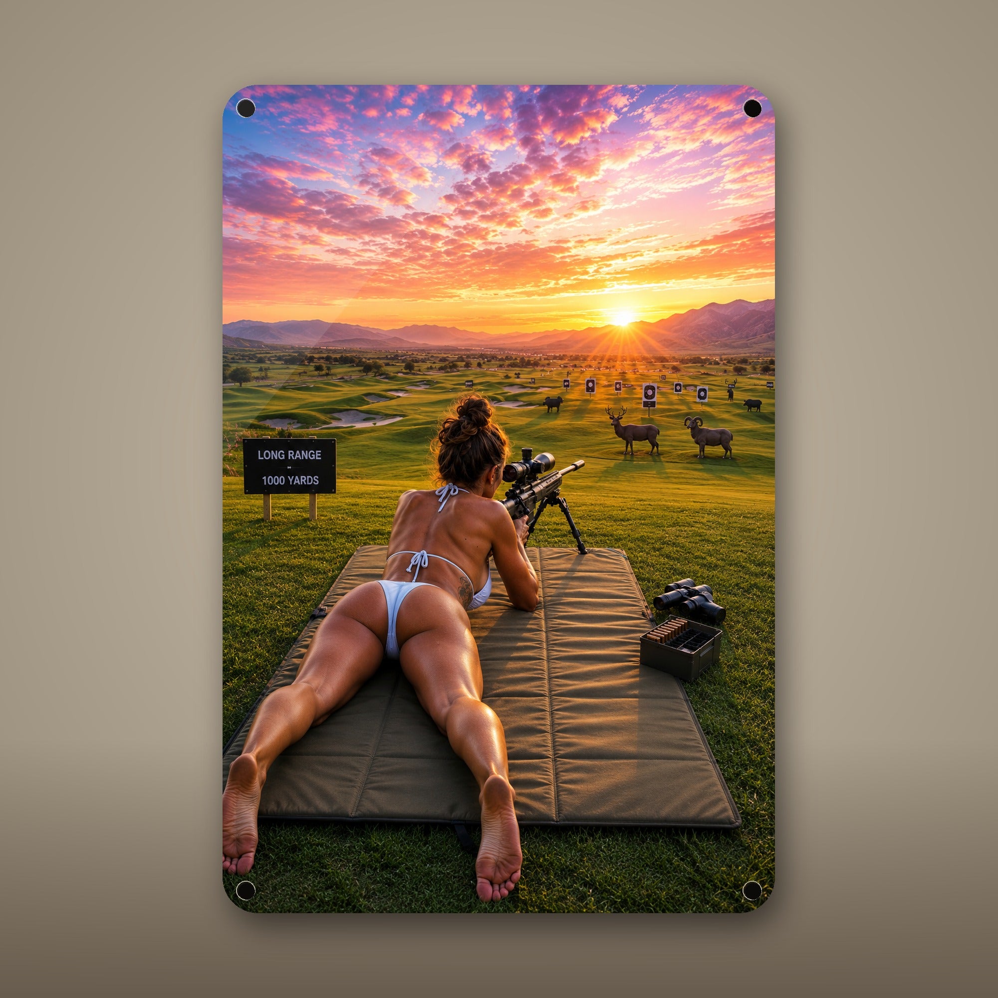 Long-range shooter at the 1000 yard line Metal Wall Art, Aluminum Sign, Retro Pinup Wall Decor, Vintage Pin-Up Gift — aluminum sign mockup