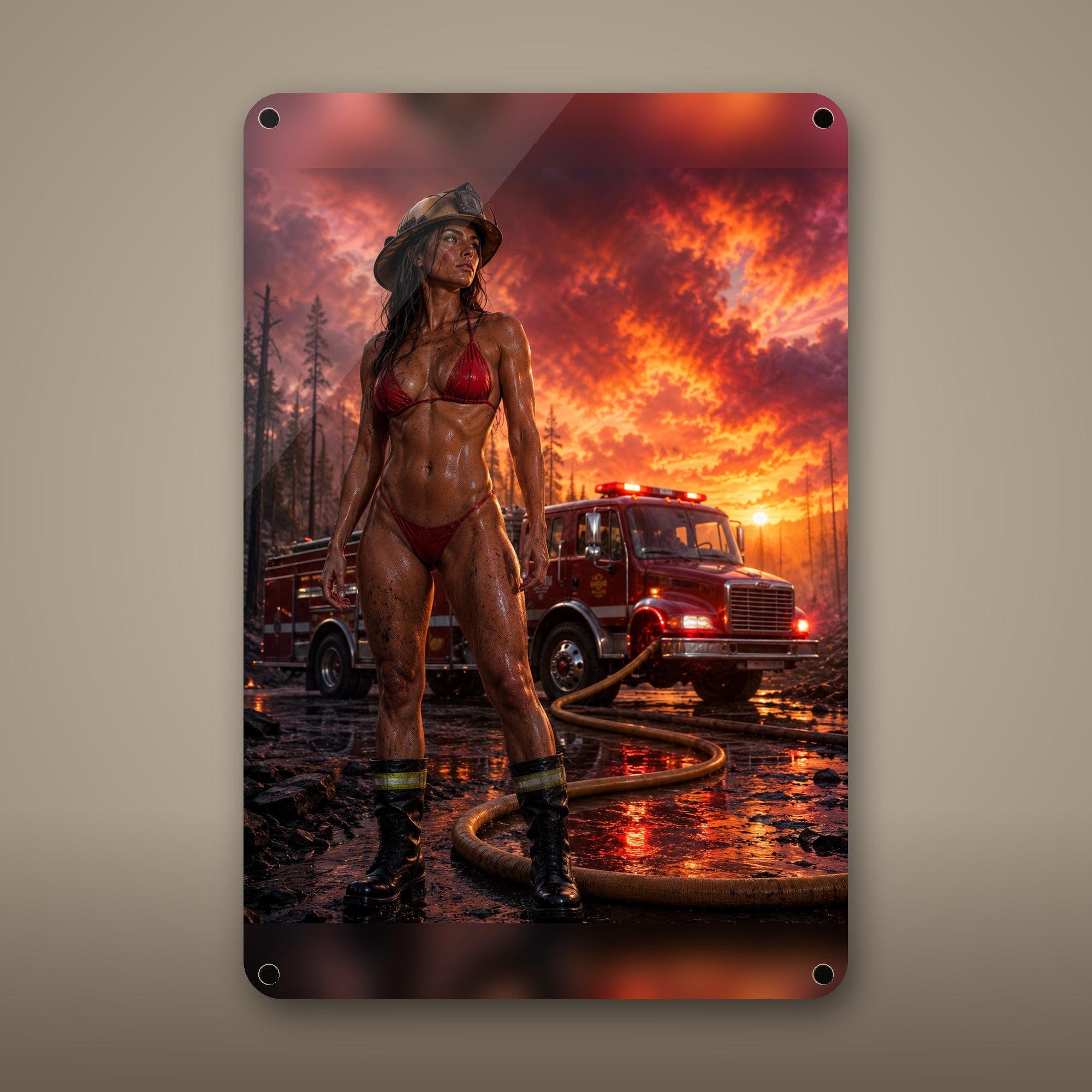 Firefighter before the engine at a wildfire sunset Metal Wall Art, Aluminum Sign, Retro Pinup Wall Decor, Vintage Pin-Up Gift — aluminum sign mockup
