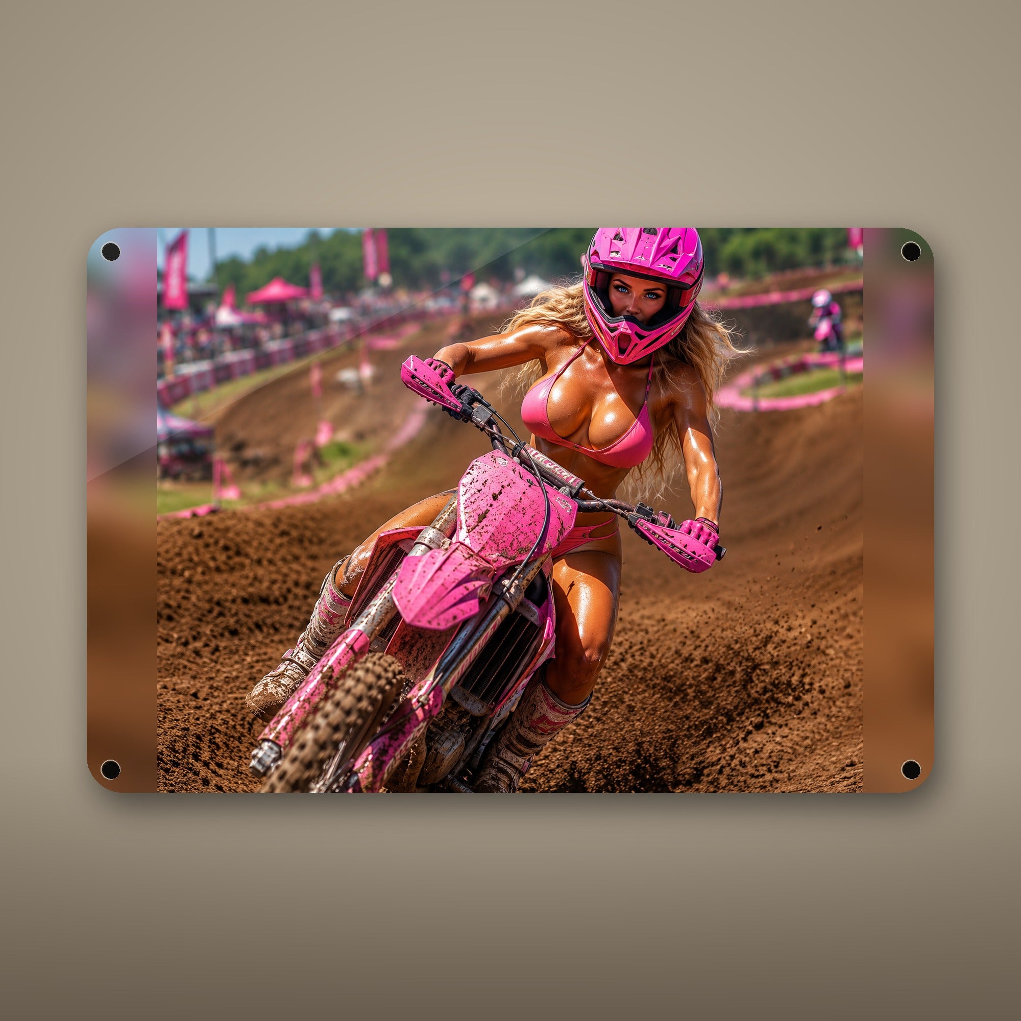 Rider carving a dirt track corner Metal Wall Art, Aluminum Sign, Retro Pinup Wall Decor, Vintage Pin-Up Gift — aluminum sign mockup