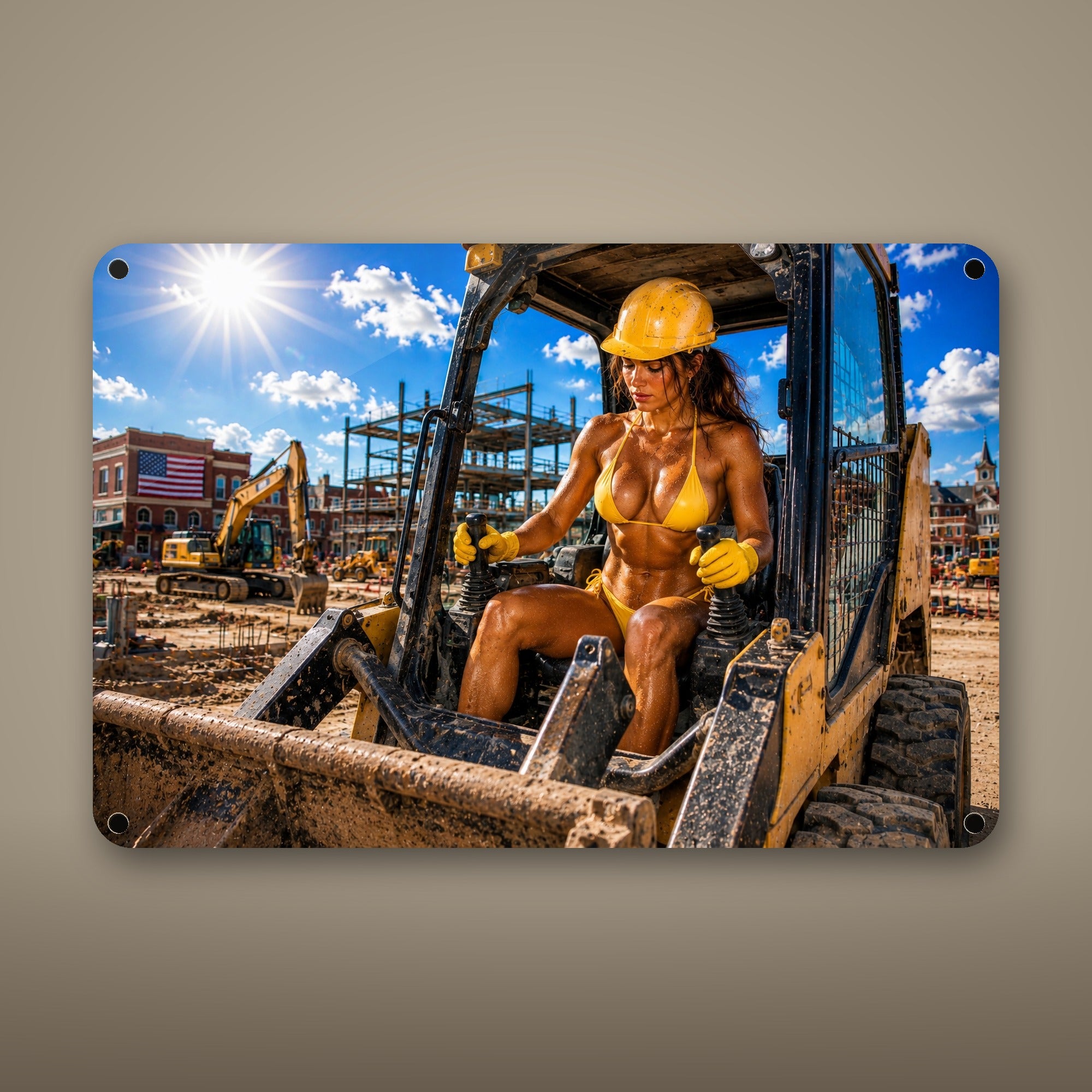 Hard hat operator on a skid-steer loader Metal Wall Art, Aluminum Sign, Retro Pinup Wall Decor, Vintage Pin-Up Gift — aluminum sign mockup