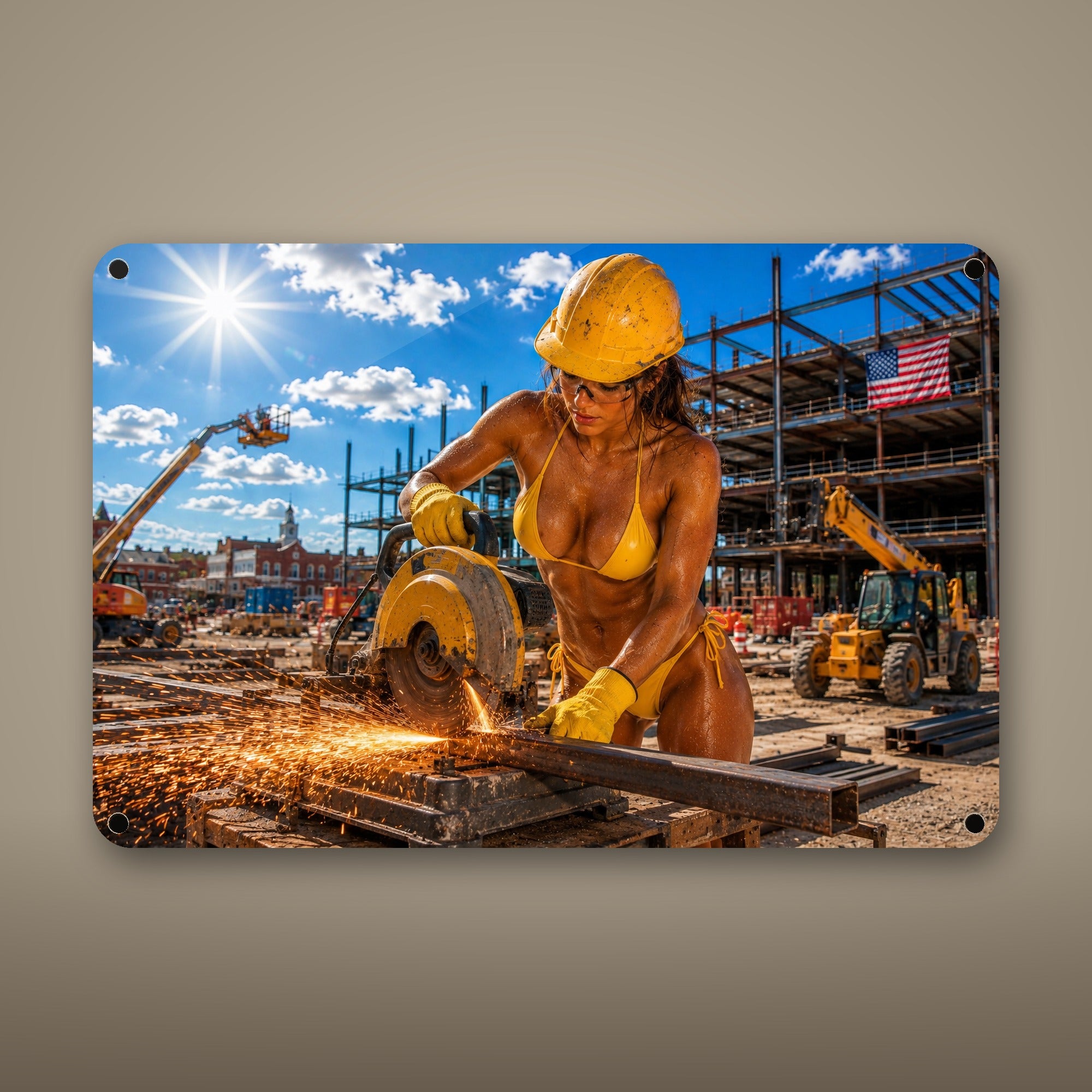 Hard hat worker cutting rebar in a shower of sparks Metal Wall Art, Aluminum Sign, Retro Pinup Wall Decor, Vintage Pin-Up Gift — aluminum sign mockup