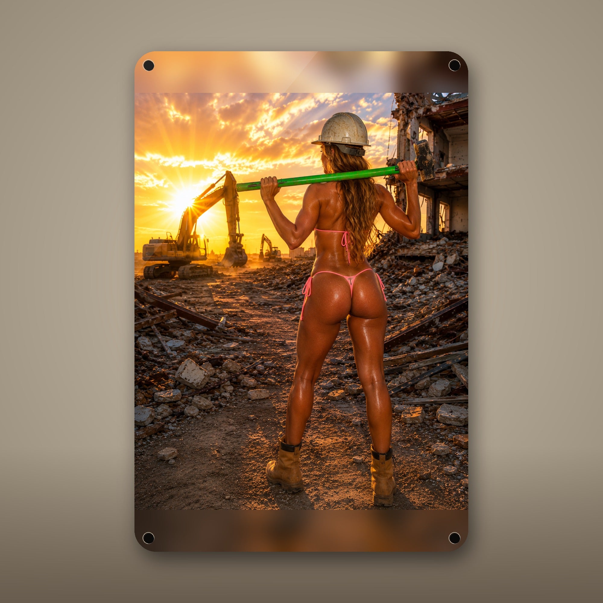 Demolition worker swinging a sledgehammer at sunset Metal Wall Art, Aluminum Sign, Retro Pinup Wall Decor, Vintage Pin-Up Gift — aluminum sign mockup