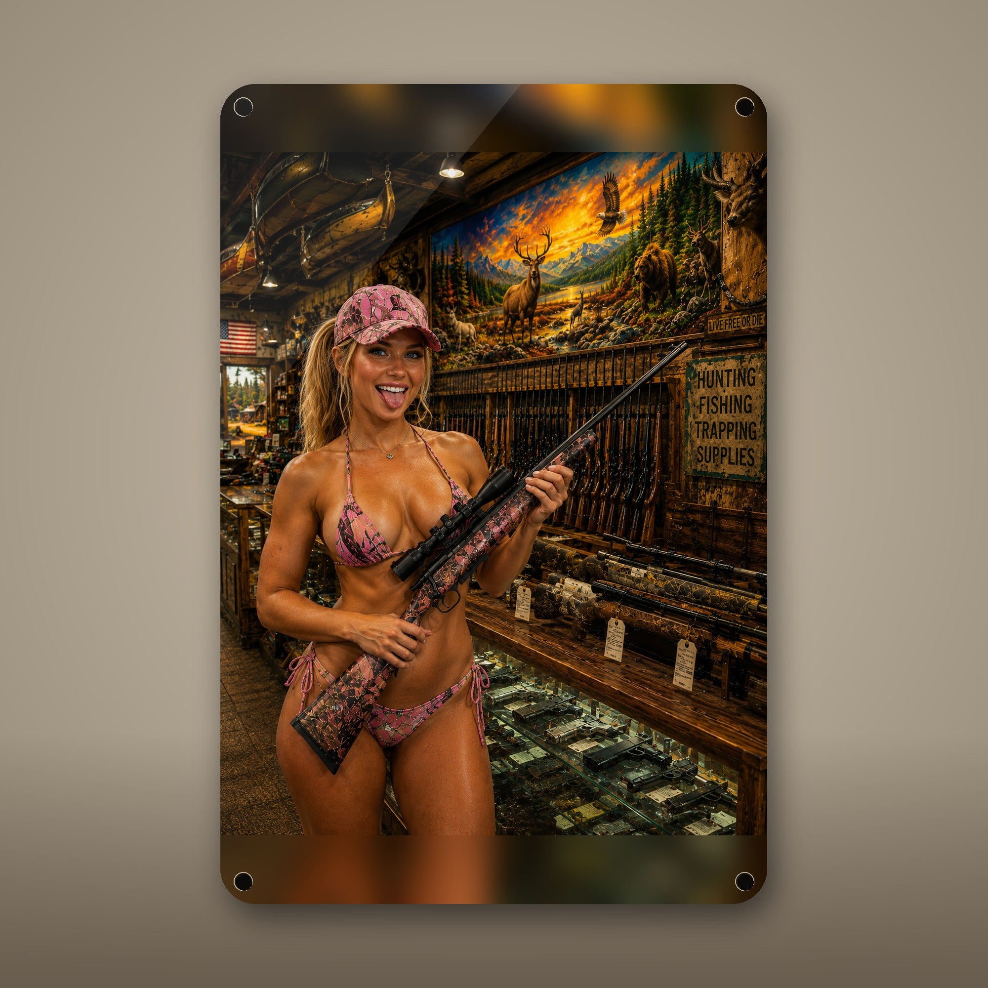 Camo shopper browsing rifles at the gun counter Metal Wall Art, Aluminum Sign, Retro Pinup Wall Decor, Vintage Pin-Up Gift — aluminum sign mockup