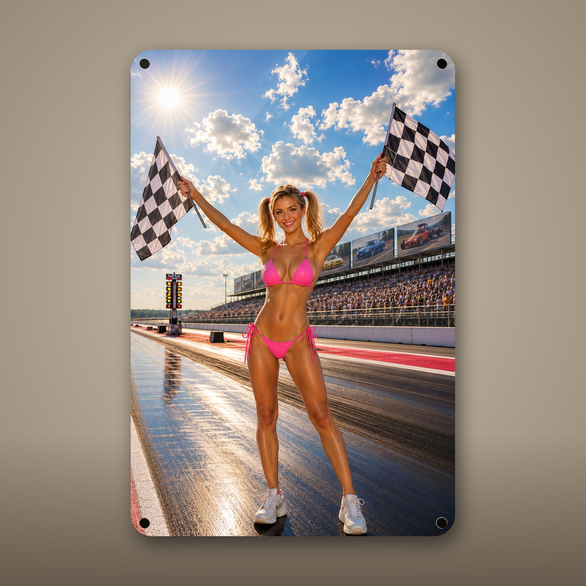 Flag girl waving the checkered flags at the strip Metal Wall Art, Aluminum Sign, Retro Pinup Wall Decor, Vintage Pin-Up Gift — aluminum sign mockup