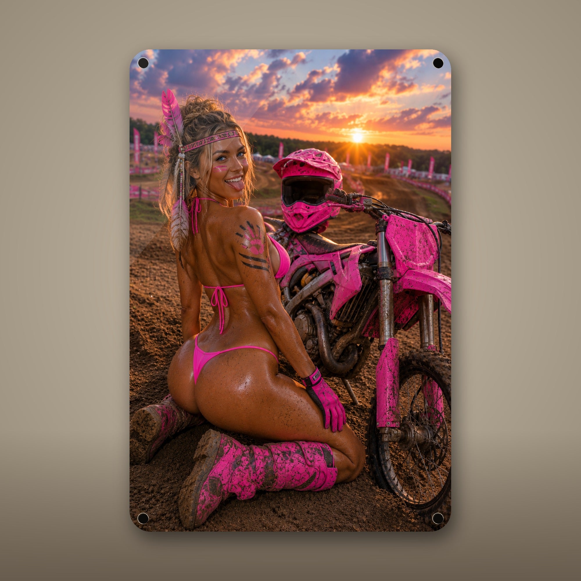 Camo-clad rider posing trackside at the motocross track Metal Wall Art, Aluminum Sign, Retro Pinup Wall Decor, Vintage Pin-Up Gift — aluminum sign mockup