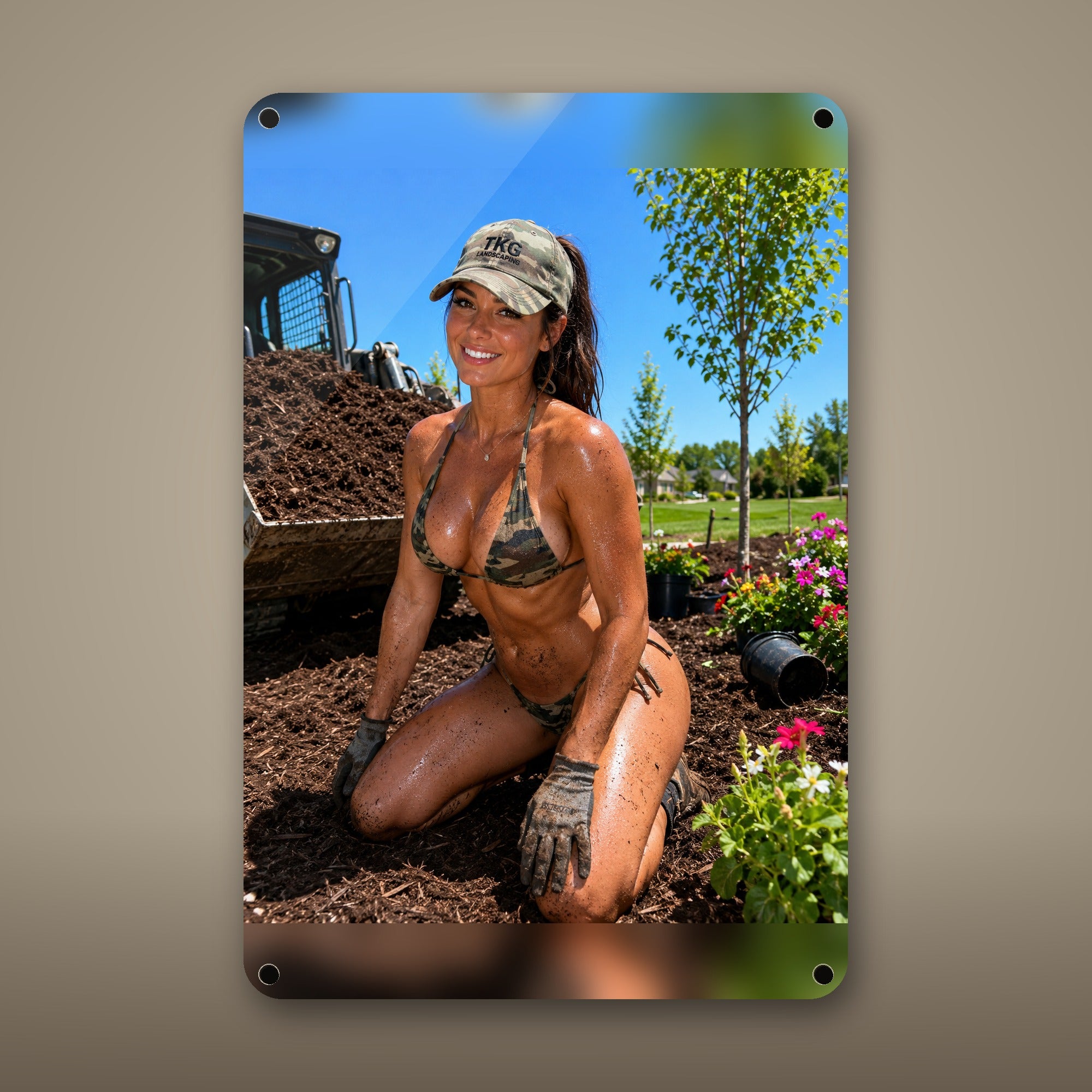 Landscaper kneeling in the garden bed Metal Wall Art, Aluminum Sign, Retro Pinup Wall Decor, Vintage Pin-Up Gift — aluminum sign mockup